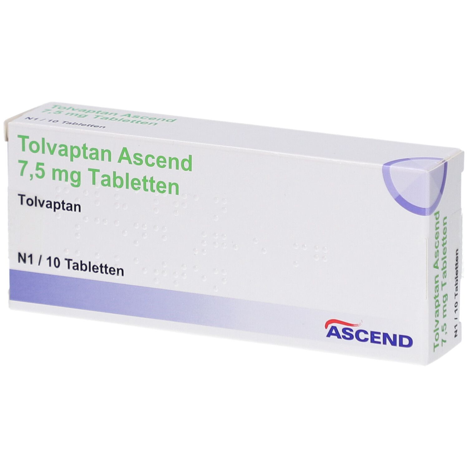 Weiße Tablettenbox mit grüner Schrift. Aufschrift: Tolvaptan Ascend 7,5 mg Tabletten. N1/10 Tabletten. Marke: ASCEND.