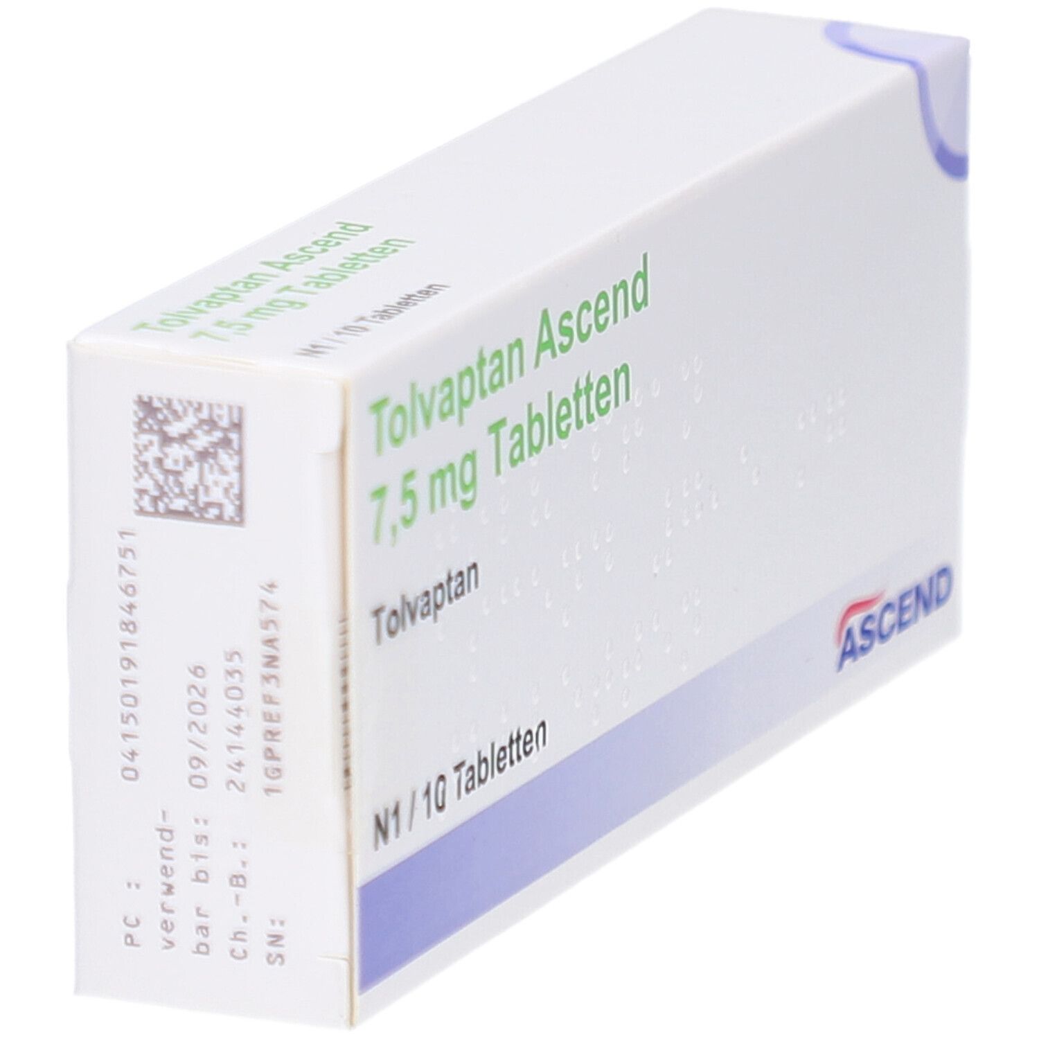 Weiße Tablettenbox, schräg von der Seite. Aufschrift: Tolvaptan Ascend 7,5 mg Tabletten. N1/10 Tabletten. Mit Barcode und ASCEND-Logo.
