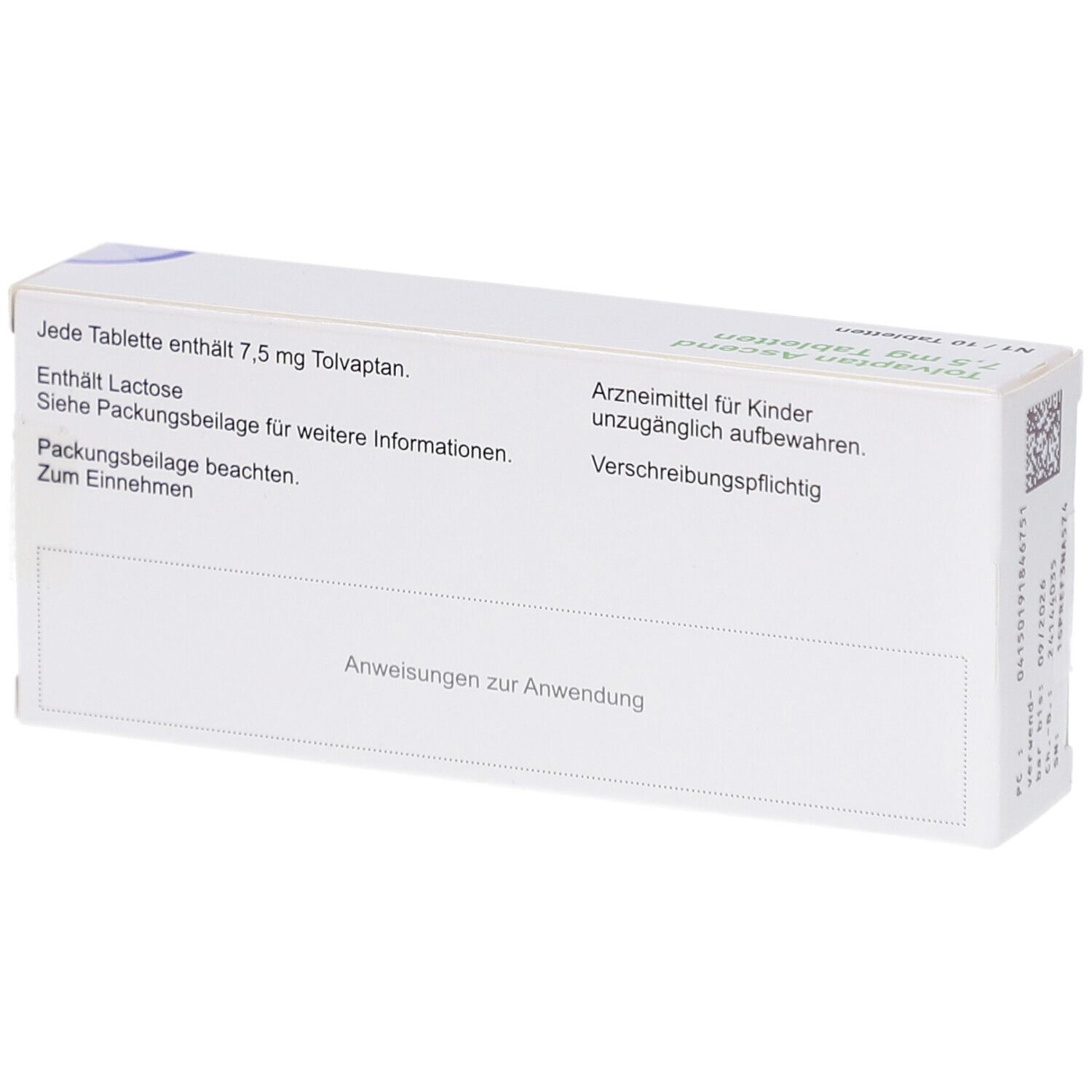Rückseite der Tablettenbox. Text: Enthält Lactose. Packungsbeilage beachten. Anweisungen zur Anwendung. Arzneimittel für Kinder unzugänglich aufbewahren.