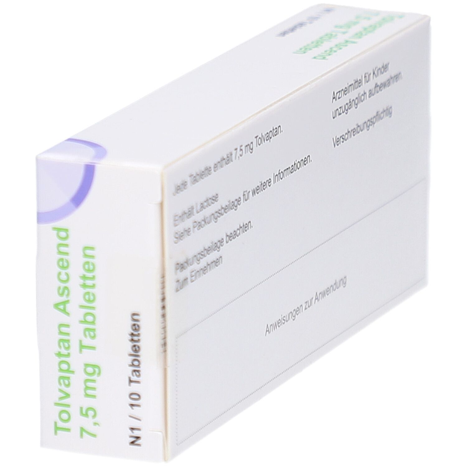 Tablettenbox, schräg von der Seite. Aufschrift: Tolvaptan Ascend 7,5 mg Tabletten. N1/10 Tabletten. Rückseite mit Text.