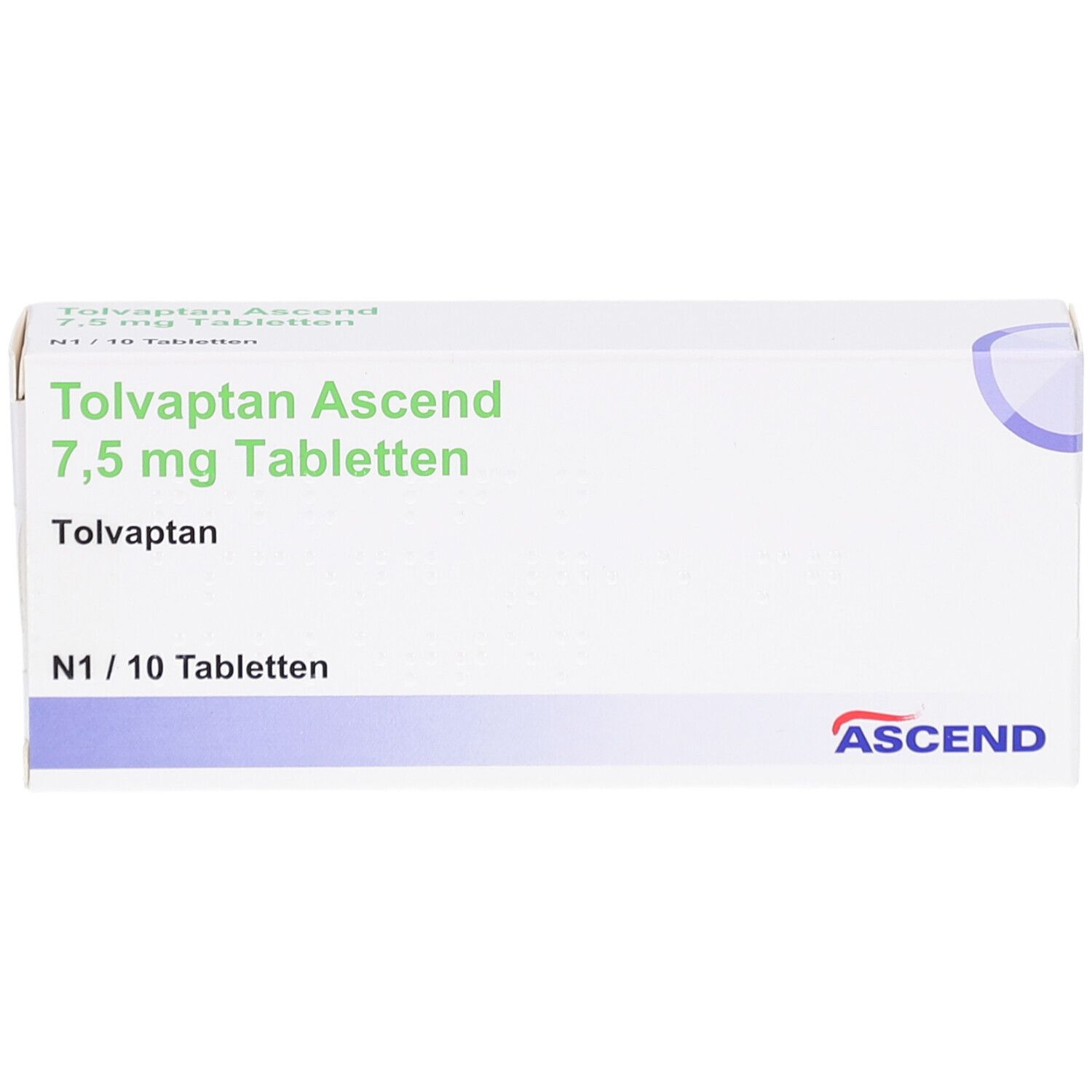 Weiße Tablettenbox mit grüner Schrift. Aufschrift: Tolvaptan Ascend 7,5 mg Tabletten. N1/10 Tabletten. Marke: ASCEND.