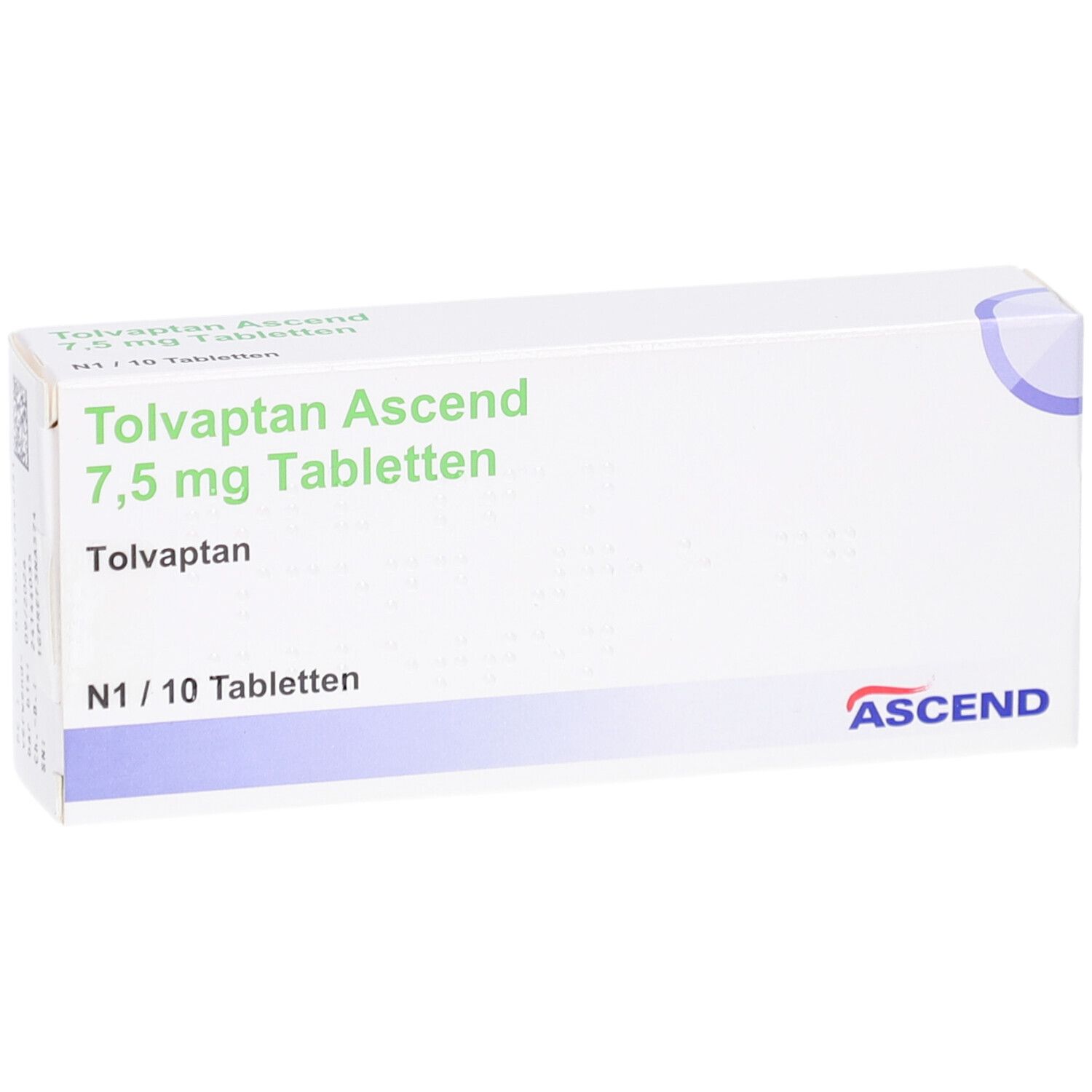 Weiße Tablettenbox mit grüner Schrift. Aufschrift: Tolvaptan Ascend 7,5 mg Tabletten. N1/10 Tabletten. Marke: ASCEND.