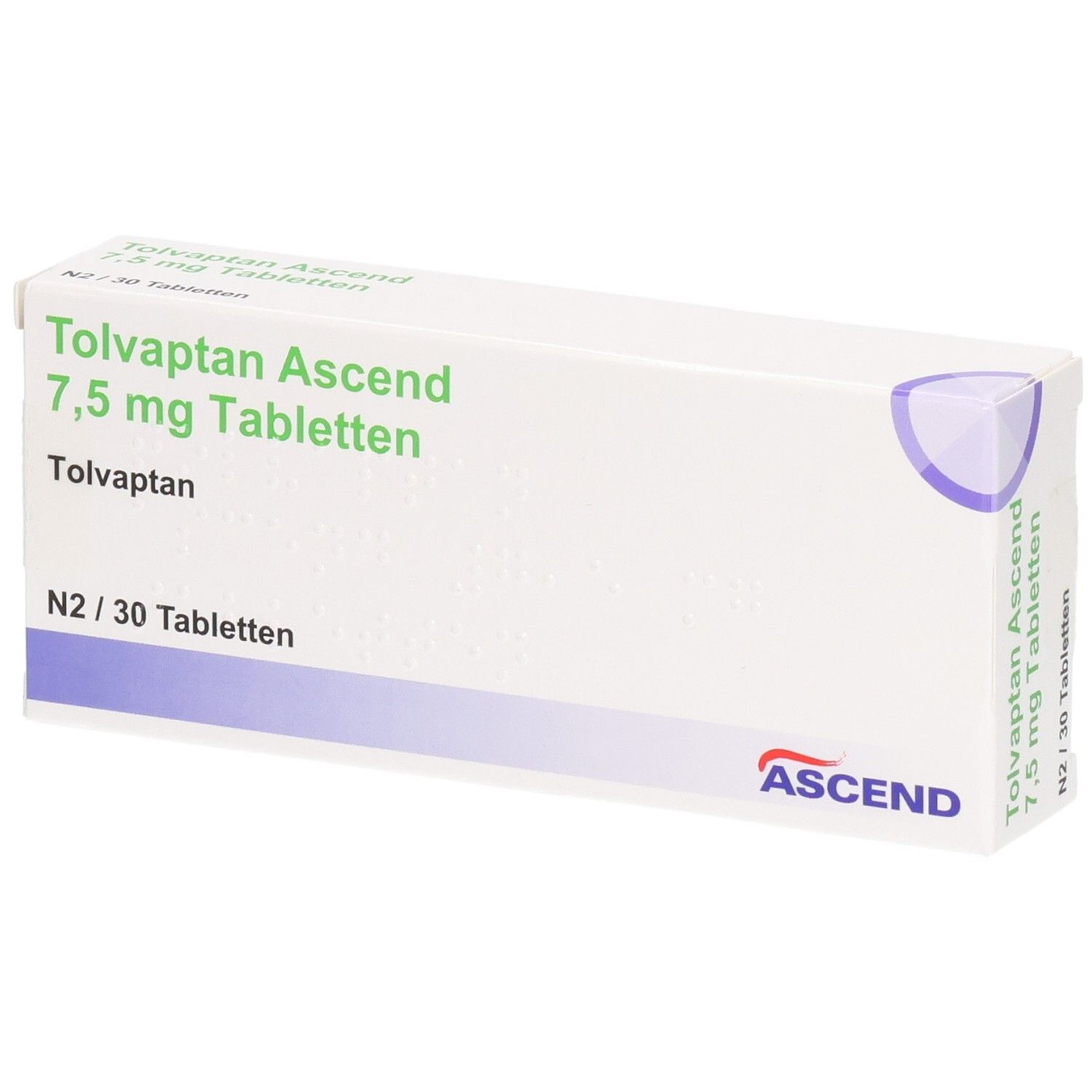 Weiße Faltschachtel mit grüner Schrift: Tolvaptan Ascend 7,5 mg Tabletten. ASCEND-Logo. Packungsinhalt: N2/30 Tabletten.