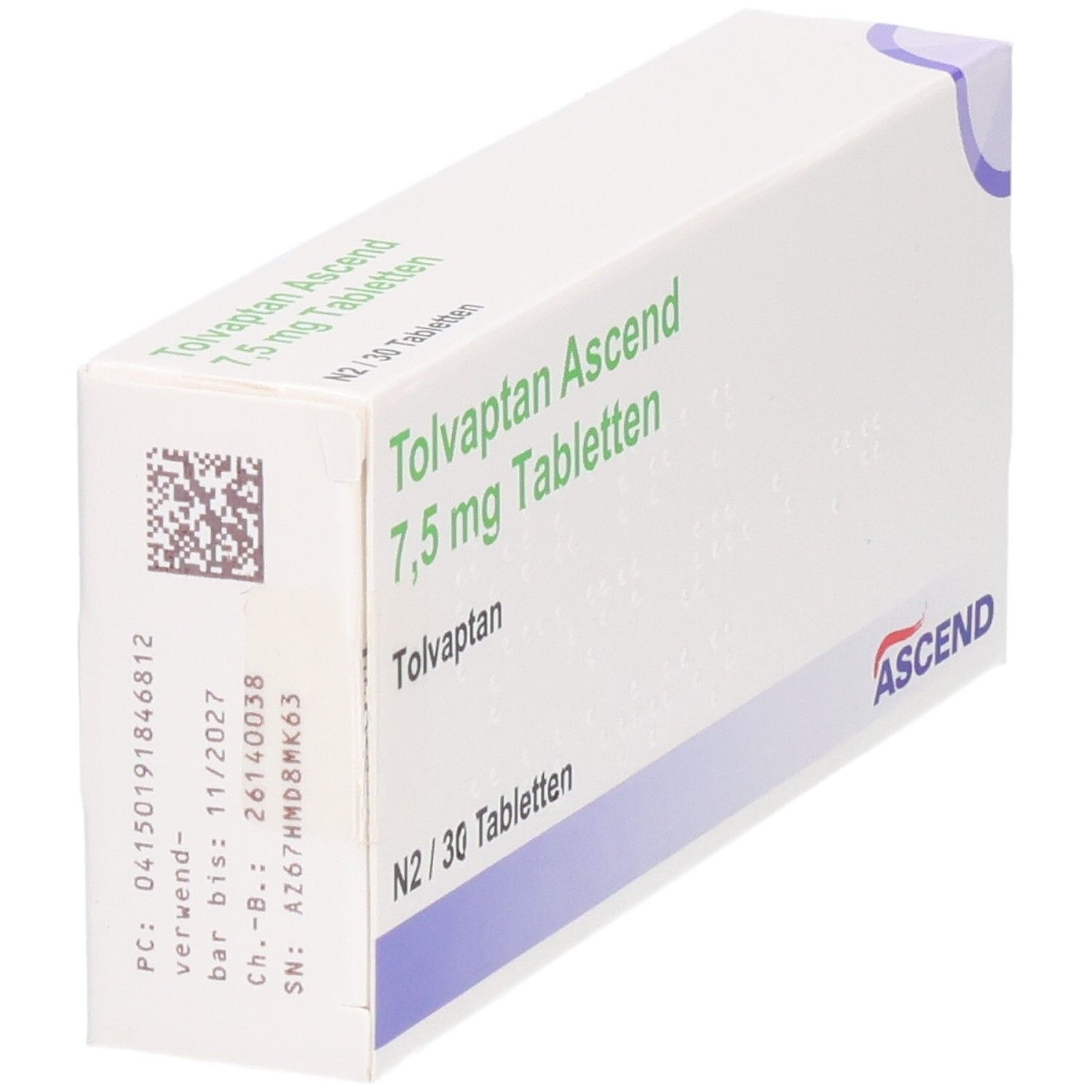 Weiße Faltschachtel mit grüner Schrift: Tolvaptan Ascend 7,5 mg Tabletten. Aufdrucke mit Chargen- und Verfallsdatum. ASCEND-Logo.