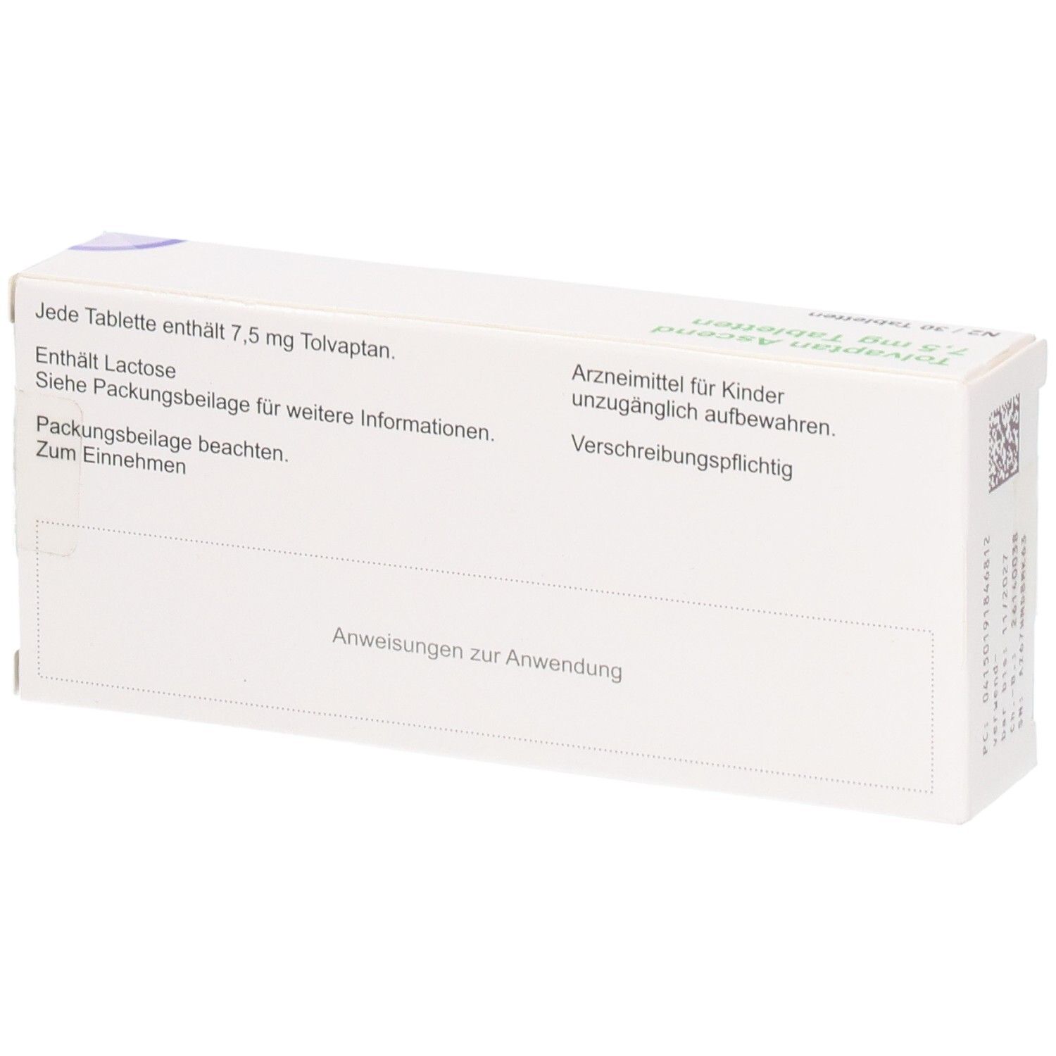 Rückseite der weißen Faltschachtel. Text: Jede Tablette enthält 7,5 mg Tolvaptan. Hinweise zur Anwendung. Rezeptpflichtig.