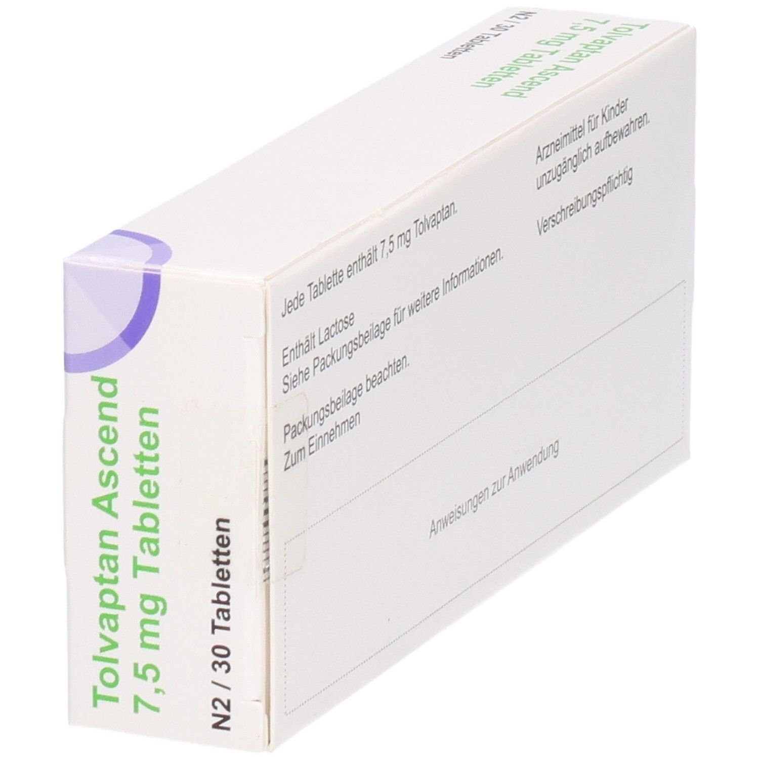 Weiße Faltschachtel mit grüner Schrift: Tolvaptan Ascend 7,5 mg Tabletten. Packungsinhalt: N2/30 Tabletten. Ansicht von der Seite.