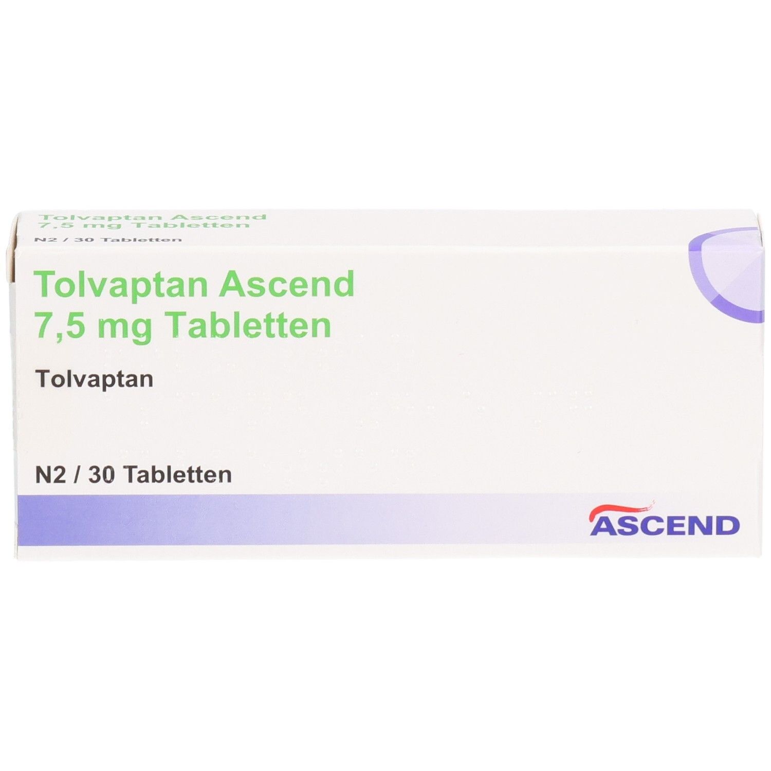 Weiße Faltschachtel mit grüner Schrift: Tolvaptan Ascend 7,5 mg Tabletten. ASCEND-Logo. Packungsinhalt: N2/30 Tabletten.