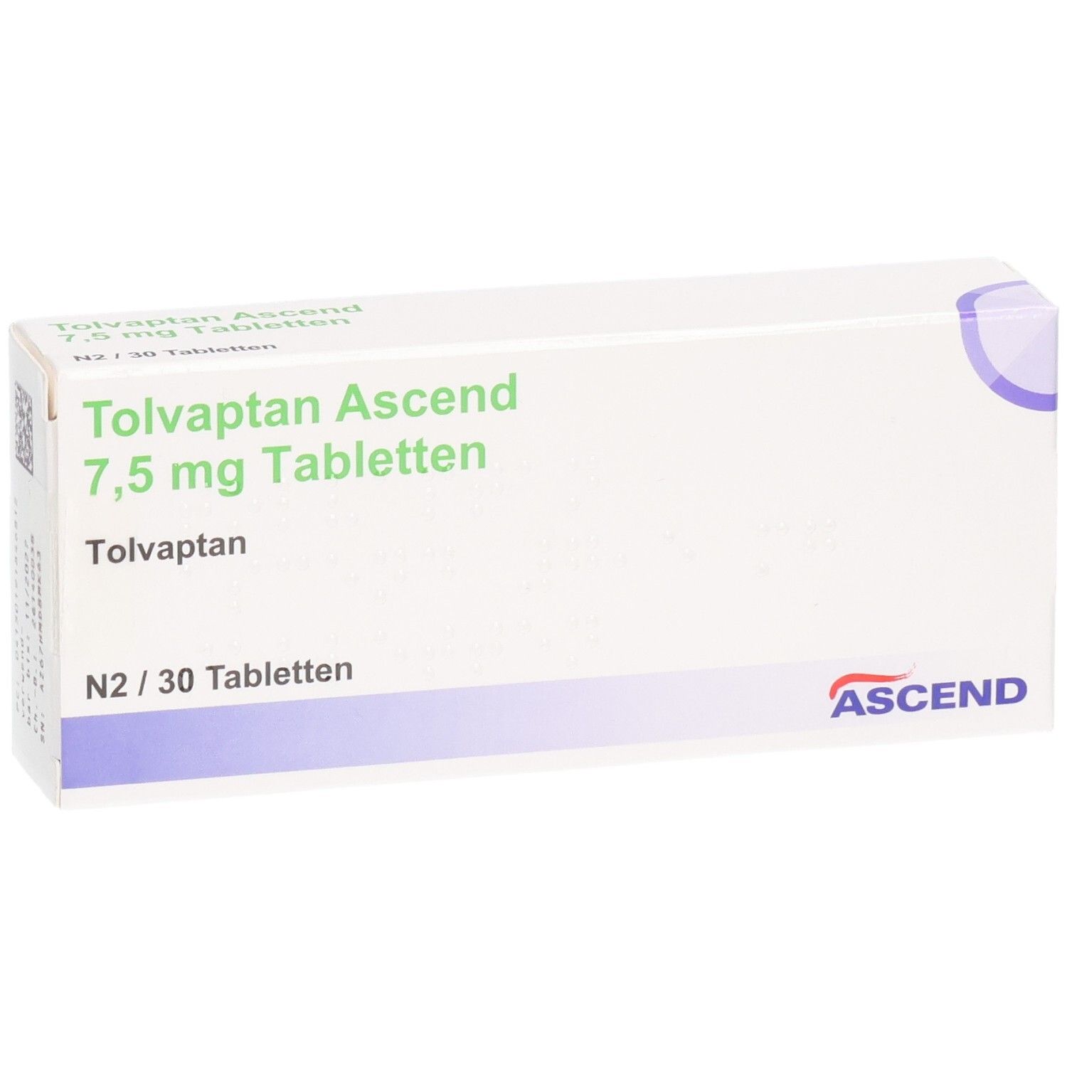 Weiße Faltschachtel mit grüner Schrift: Tolvaptan Ascend 7,5 mg Tabletten. ASCEND-Logo. Packungsinhalt: N2/30 Tabletten.