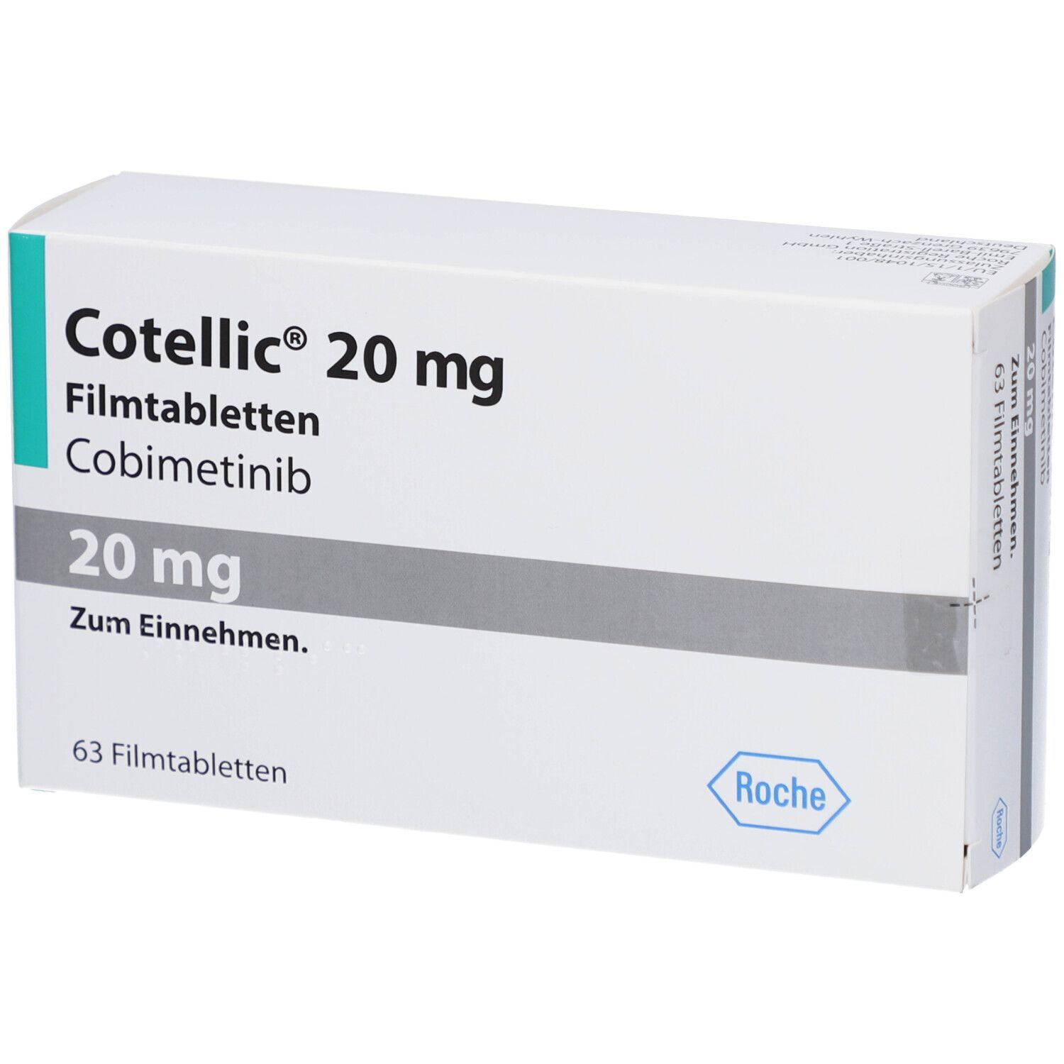 Schachtel mit COTELLIC 20 mg Filmtabletten. Aufschrift: 20 mg, 63 Filmtabletten, Roche-Logo.