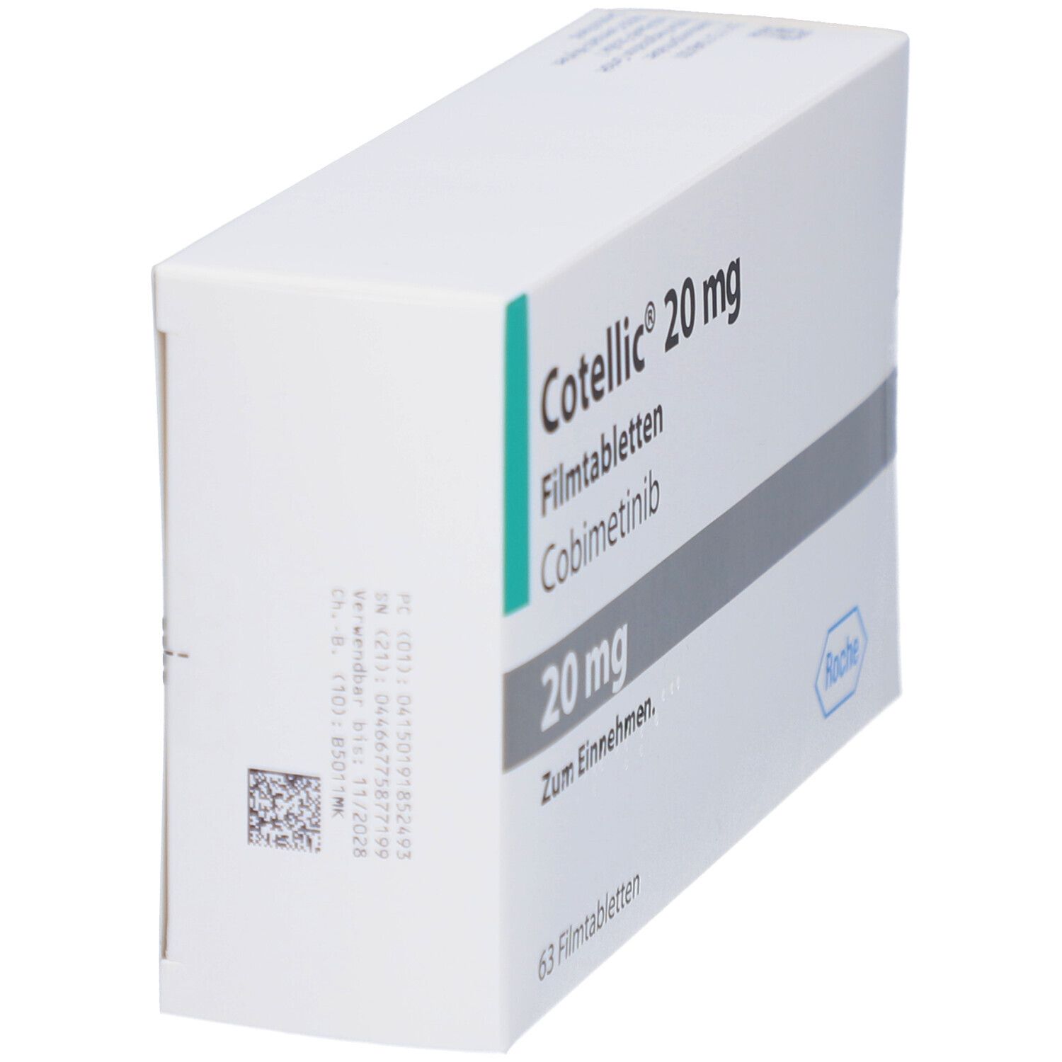 Schachtel COTELLIC 20 mg, schräg. Aufschrift: 20 mg, 63 Filmtabletten, Roche-Logo. Barcode und Text.