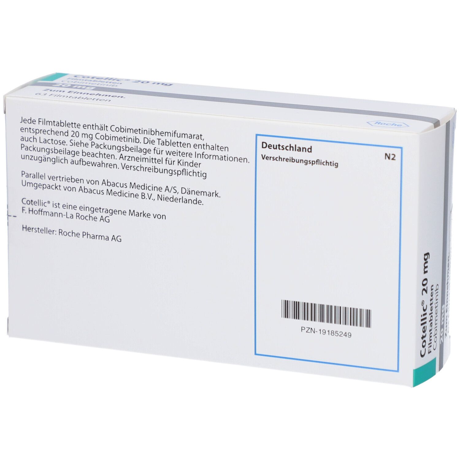 Rückseite der COTELLIC 20 mg Schachtel. Text, Barcode, Roche-Logo. Hergestellt in Deutschland.