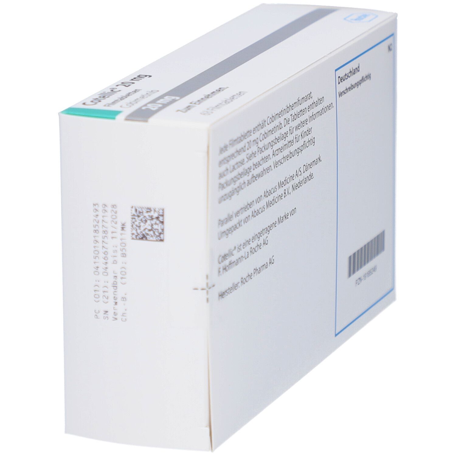 Schachtel COTELLIC 20 mg, schräg. Rückseite mit Text, Barcode, Roche-Logo. Hergestellt in Deutschland.
