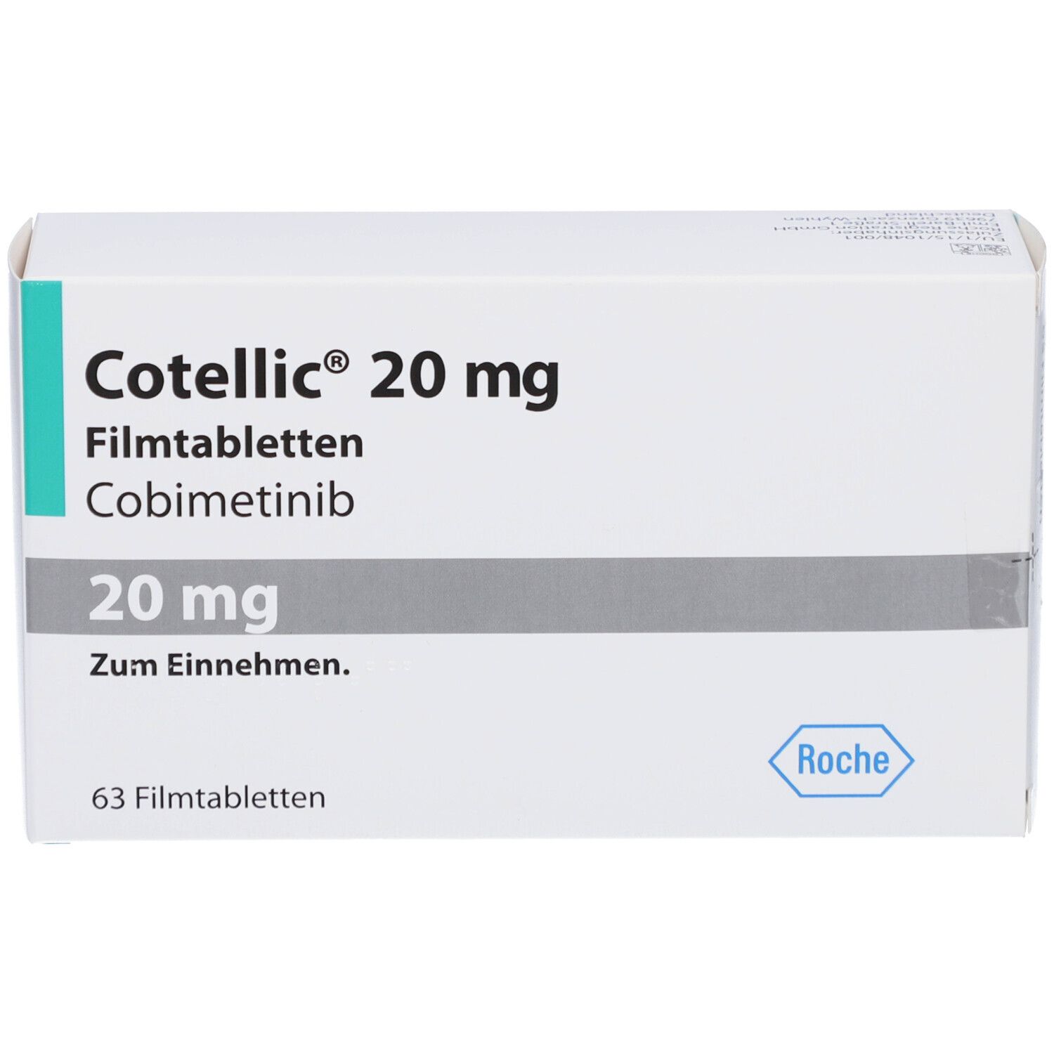 Schachtel COTELLIC 20 mg. Aufschrift: 20 mg, 63 Filmtabletten, Roche-Logo. Zum Einnehmen.
