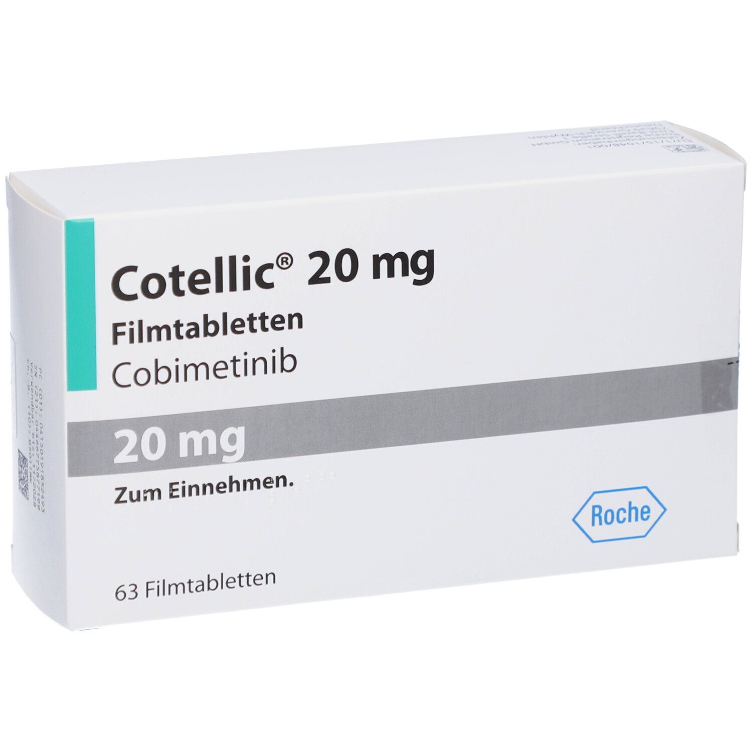 Schachtel COTELLIC 20 mg. Aufschrift: 20 mg, 63 Filmtabletten, Roche-Logo. Zum Einnehmen.