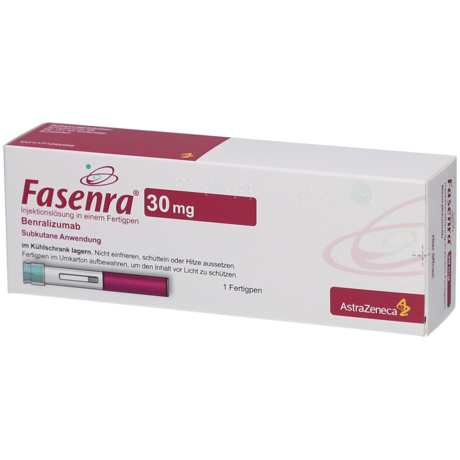 Weiße Schachtel mit roter Schrift. Aufschrift: Fasenra 30 mg, Injektionslösung, Benralizumab. Fertigpen-Abbildung. AstraZeneca-Logo.