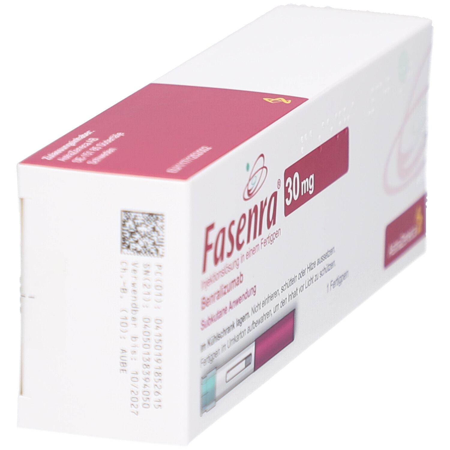 Weiße Schachtel, rote Schrift. Aufschrift: Fasenra 30 mg, Injektionslösung, Benralizumab. Barcode und weitere Informationen.