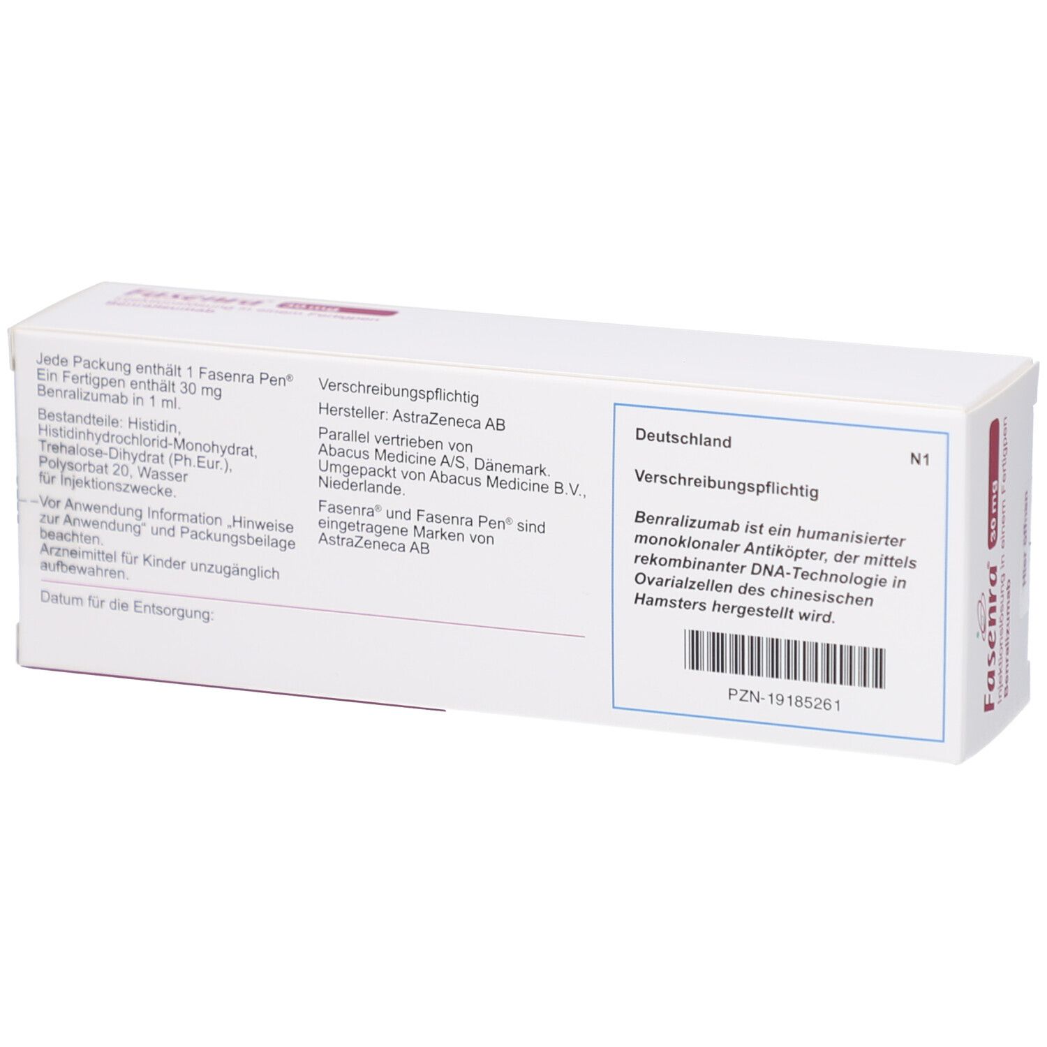 Rückseite der weißen Schachtel. Textinformationen, Herstellerangaben, Inhaltsstoffe. Barcode und weitere Informationen.