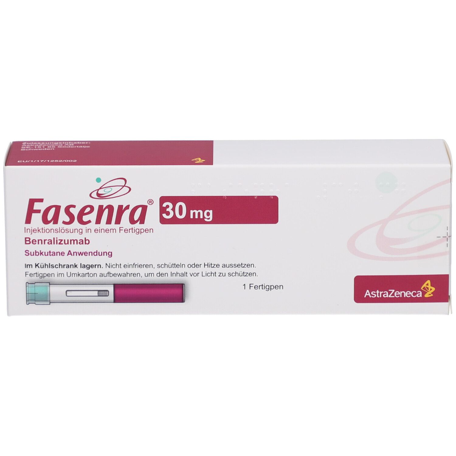 Weiße Schachtel mit roter Schrift. Aufschrift: Fasenra 30 mg, Injektionslösung, Benralizumab. Fertigpen-Abbildung. AstraZeneca-Logo.