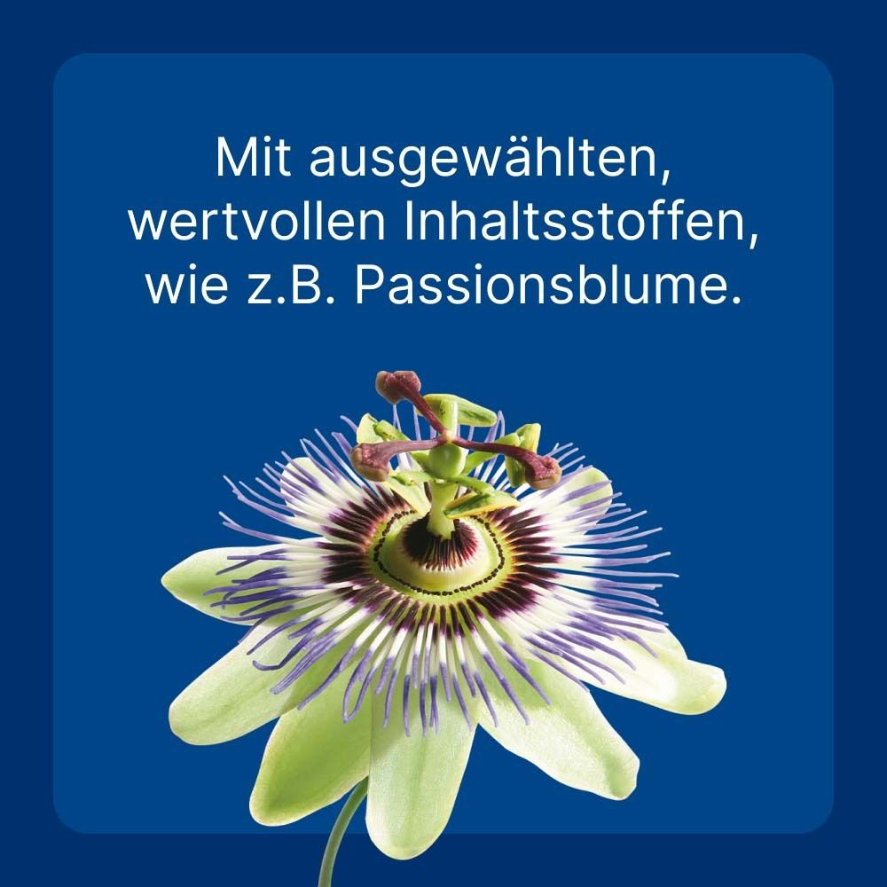 Blauer Hintergrund mit einer Passionsblume. Text: "Mit ausgewählten, wertvollen Inhaltsstoffen, wie z.B. Passionsblume."