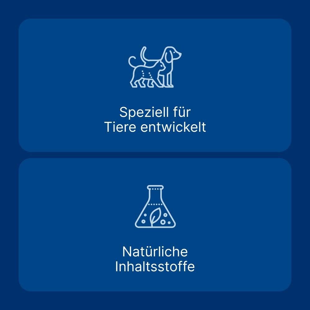 Blauer Hintergrund mit Symbolen. Text: "Speziell für Tiere entwickelt" und "Natürliche Inhaltsstoffe".