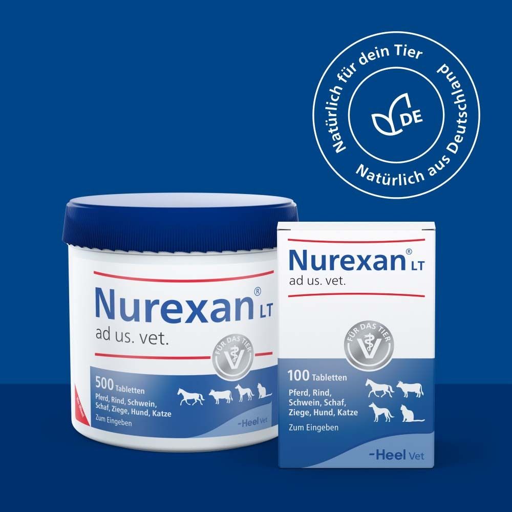Zwei Packungen Nurexan LT ad us. vet. Eine Dose mit 500 Tabletten und eine Schachtel mit 100 Tabletten. Mit Logo: Natürlich für dein Tier. Natürlich aus Deutschland.