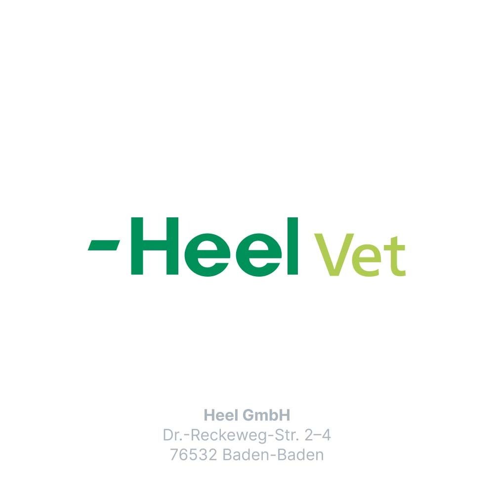 Logo von -Heel Vet, grüner Text auf weißem Hintergrund. Darunter steht die Adresse von Heel GmbH.
