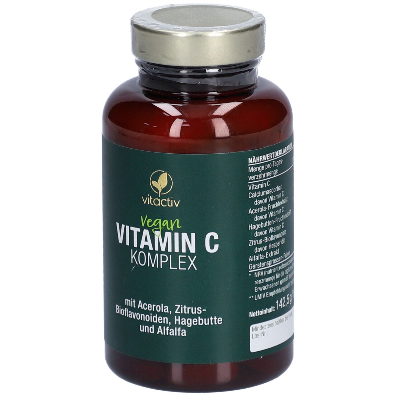 Rückseite der Flasche mit grünem Etikett. Text: Nährwertangaben, Zutaten, Anwendungshinweise. Herstellerinformationen. Chargennummer.