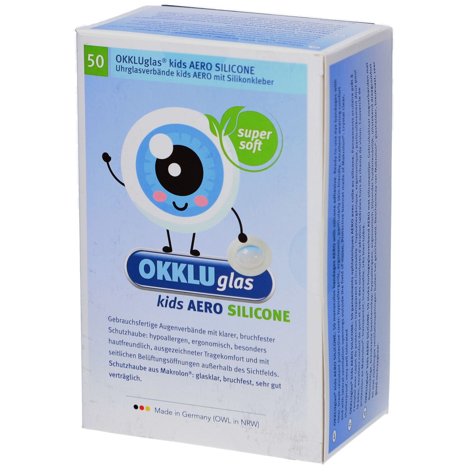 Verpackung von OKKLUglas kids AERO SILICONE. Blaue und weiße Schachtel mit Produktlogo und 50 Stück. Enthält Augenverbände.