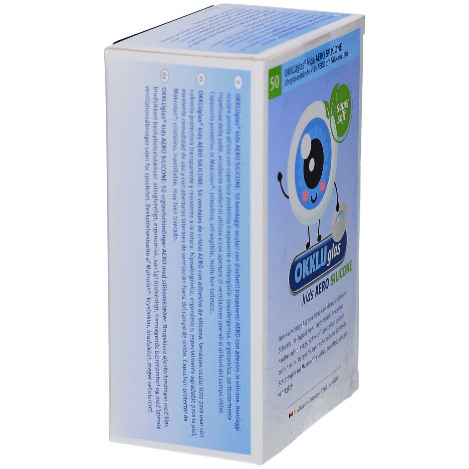 Schachtel OKKLUglas kids AERO SILICONE, seitliche Ansicht. Blaue und weiße Verpackung mit Produktlogo und Text in mehreren Sprachen.