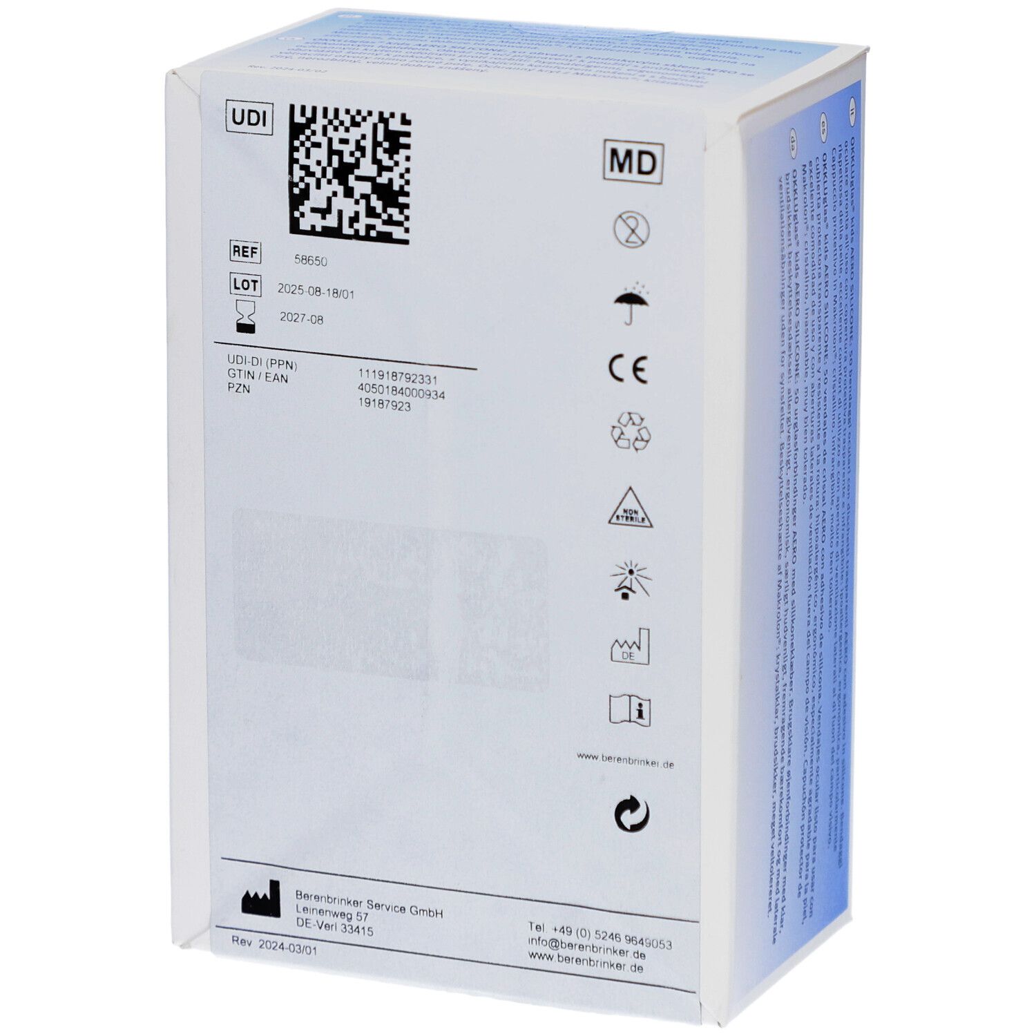 Rückseite der Verpackung OKKLUglas kids AERO SILICONE. Enthält Informationen wie UDI, Chargennummer, CE-Kennzeichnung und Barcode.