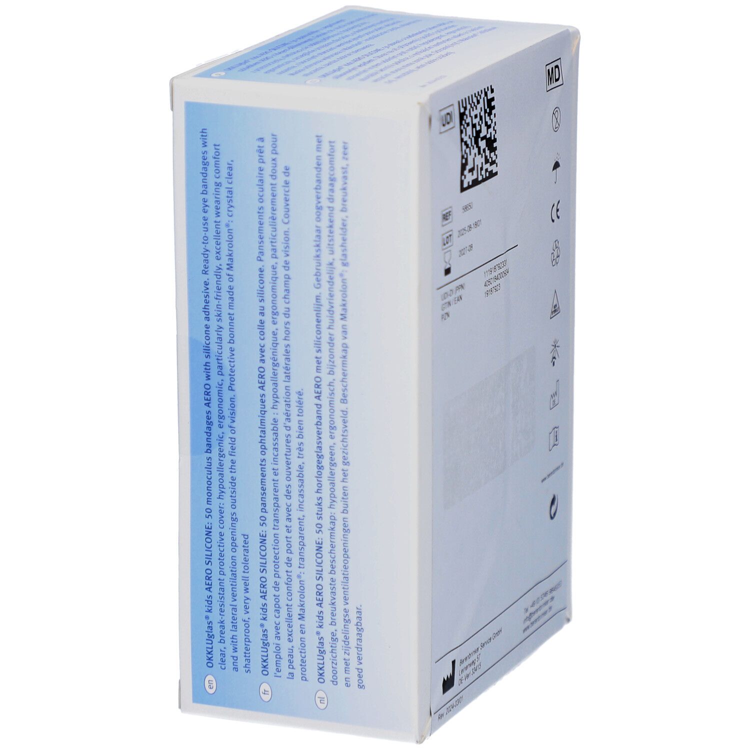 Seitenansicht der Verpackung OKKLUglas kids AERO SILICONE. Text in mehreren Sprachen, Produktinformationen und Herstellerdetails.