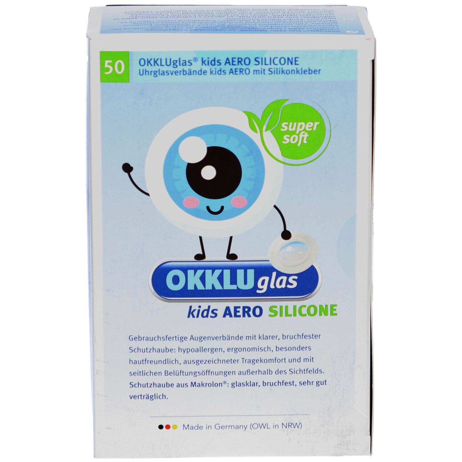 Vorderseite der Verpackung OKKLUglas kids AERO SILICONE. Blaue und weiße Schachtel mit Produktlogo und 50 Stück. Enthält Augenverbände.