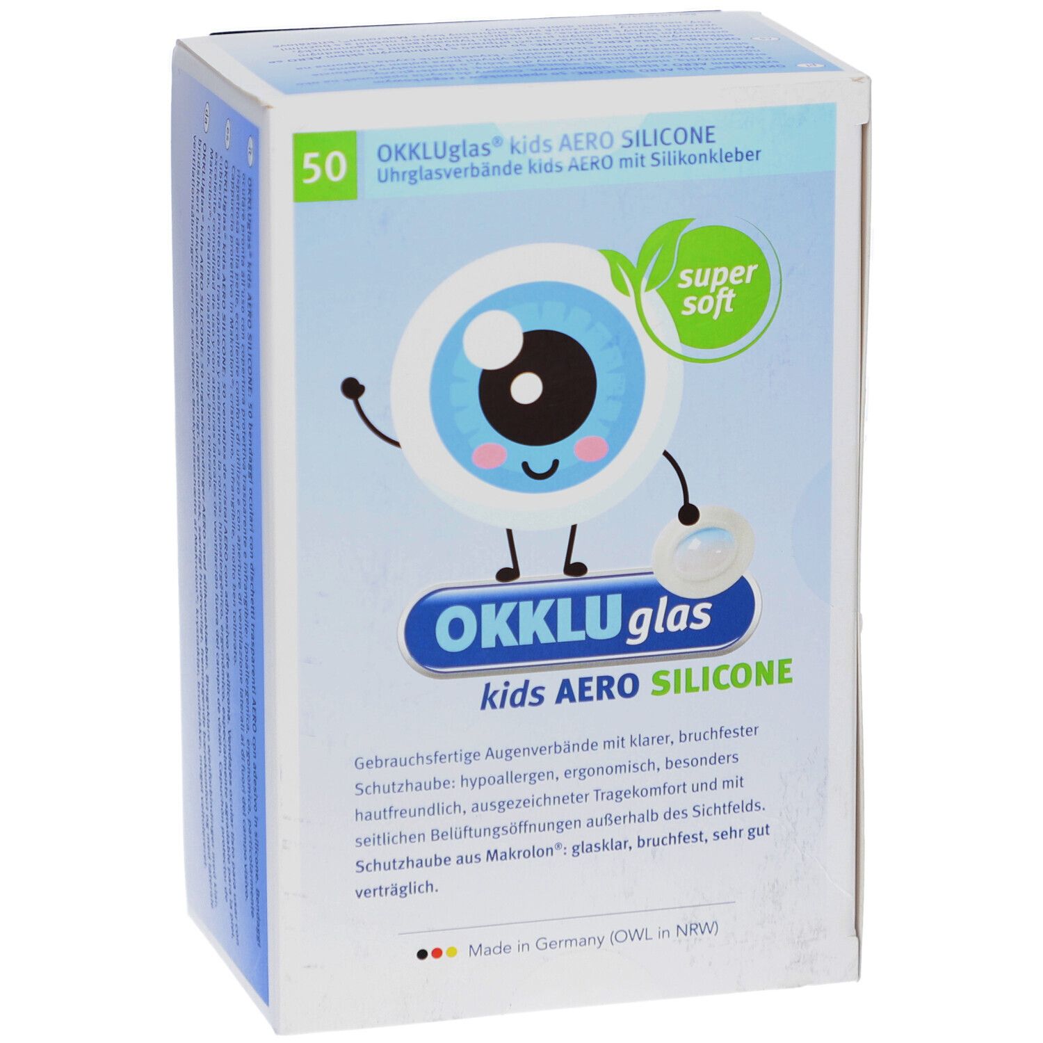Vorderseite der Verpackung OKKLUglas kids AERO SILICONE. Blaue und weiße Schachtel mit Produktlogo und 50 Stück. Enthält Augenverbände.