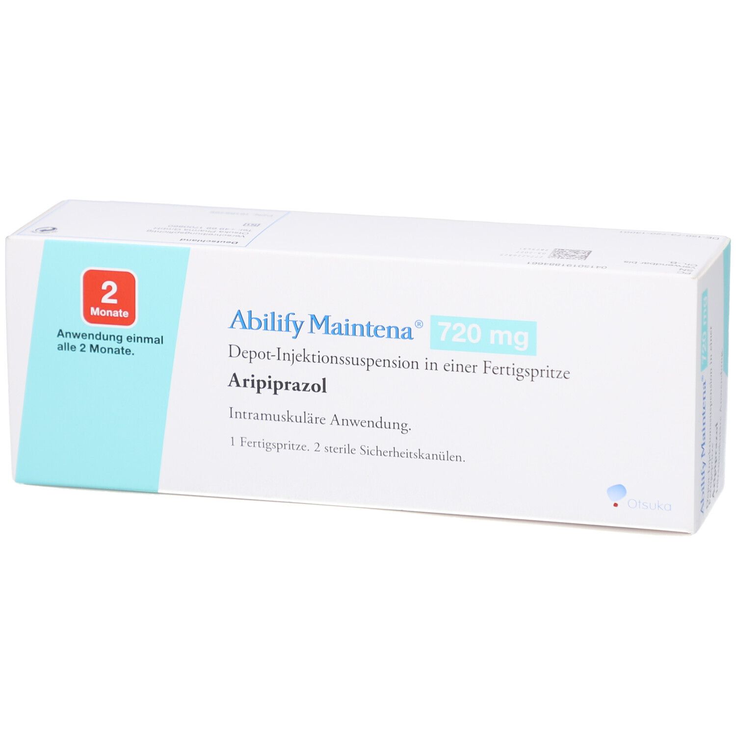 Weiße Schachtel mit ABILIFY Maintena 720 mg. Text: Depot-Injektionssuspension, Aripiprazol. 2 Monate Anwendung. 1 Fertigspritze, 2 sterile Sicherheitskanülen.