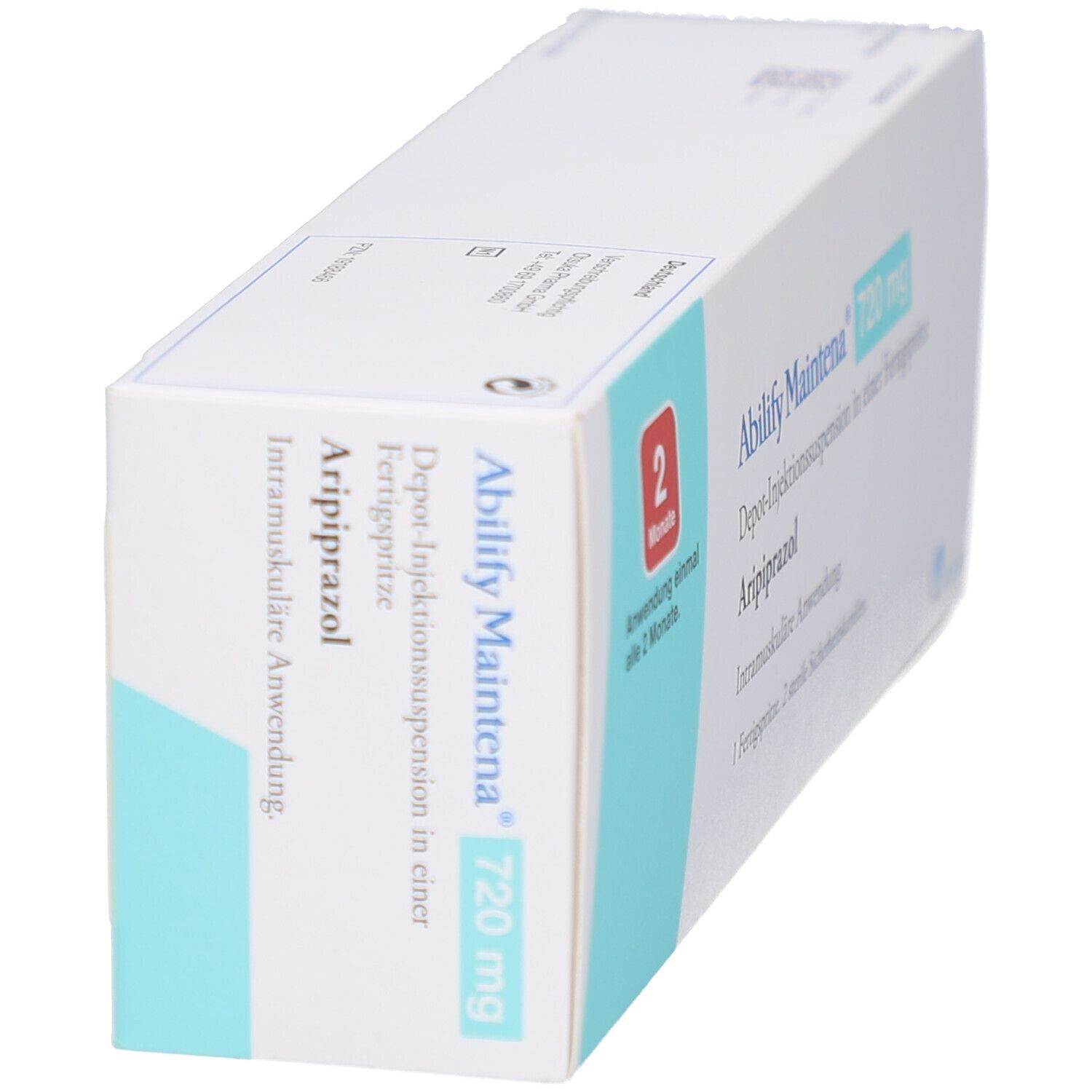 Schachtel ABILIFY Maintena 720 mg. Text: Depot-Injektionssuspension, Aripiprazol. 2 Monate Anwendung. Weiße Verpackung mit blauer Markierung.