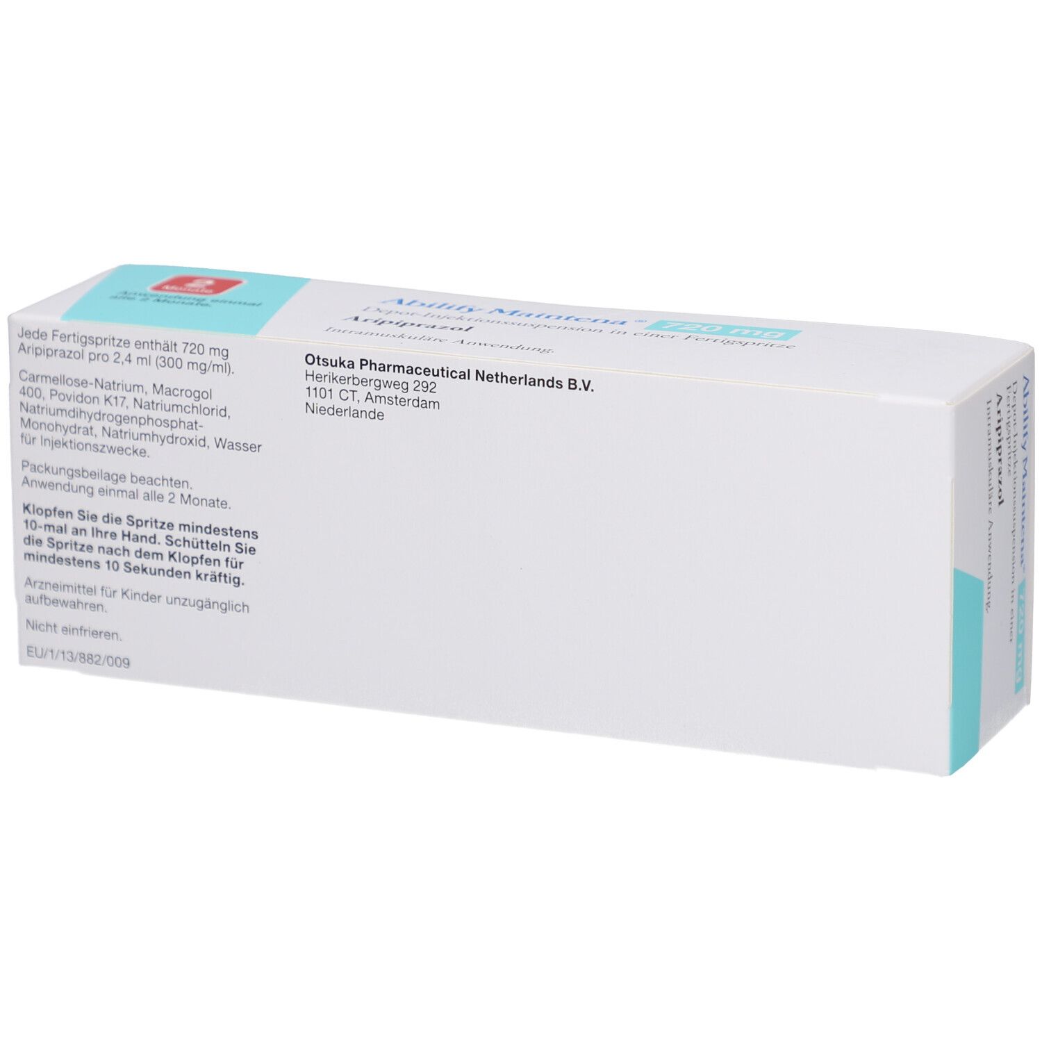 Schachtel ABILIFY Maintena 720 mg. Text: Depot-Injektionssuspension, Aripiprazol. Hersteller: Otsuka Pharmaceutical Netherlands B.V.
