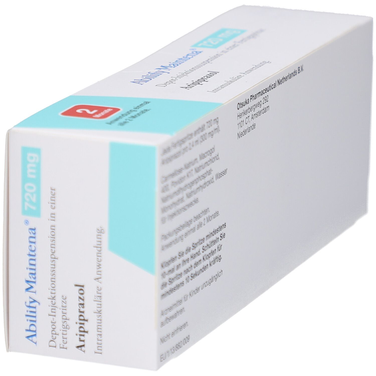 Schachtel ABILIFY Maintena 720 mg. Text: Depot-Injektionssuspension, Aripiprazol. Hersteller: Otsuka Pharmaceutical Netherlands B.V. Weiße Verpackung.