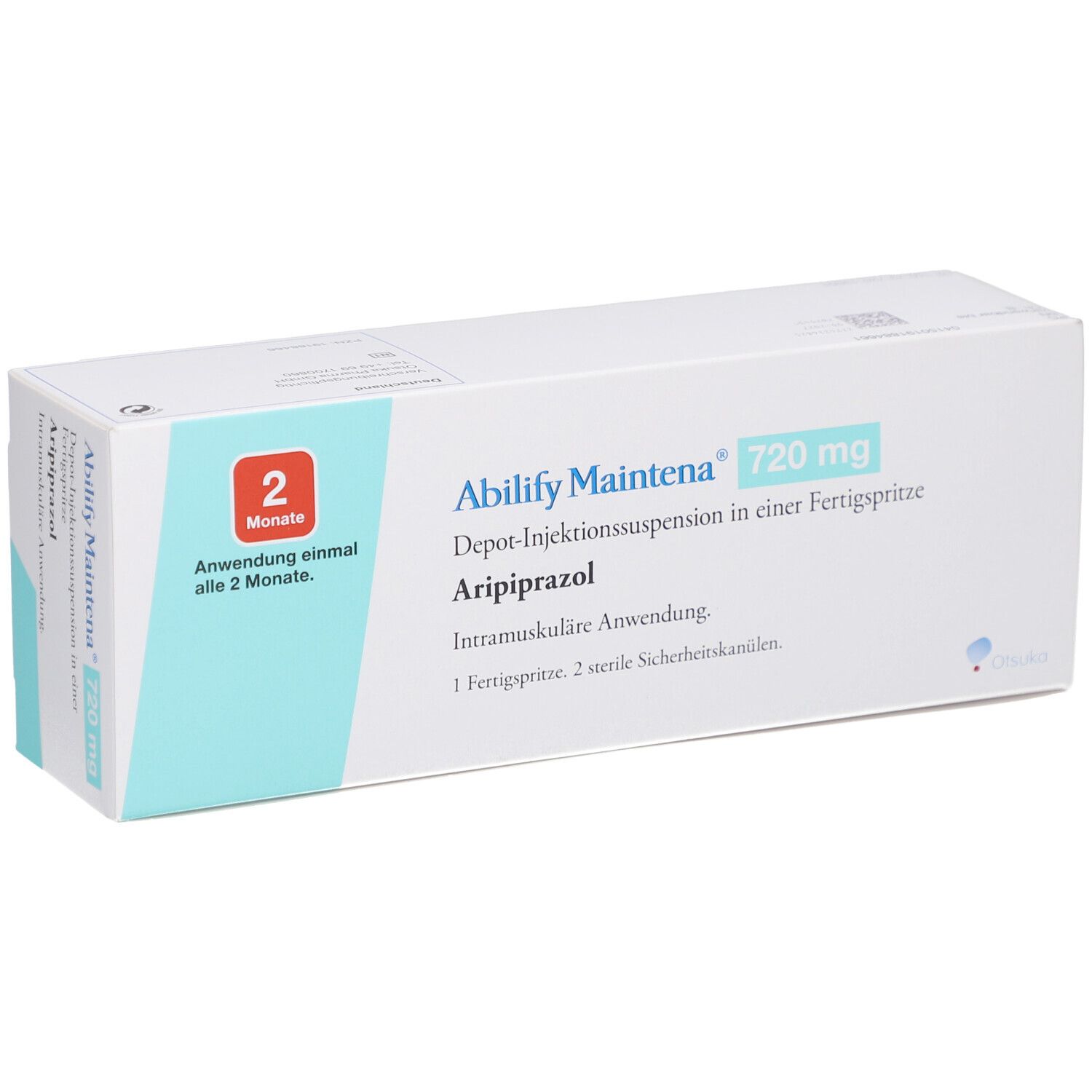 Weiße Schachtel ABILIFY Maintena 720 mg. Text: Depot-Injektionssuspension, Aripiprazol. 2 Monate Anwendung. 1 Fertigspritze, 2 sterile Sicherheitskanülen.