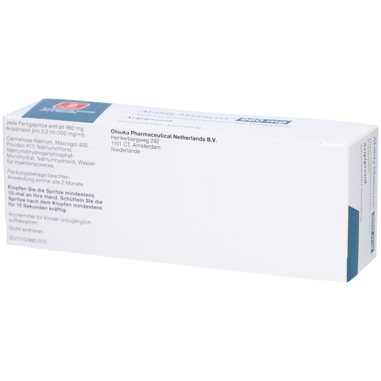 Weiße Schachtel mit blauer Ecke. Aufschrift: ABILIFY Maintena 960 mg. Depot-Injektionssuspension. Aripiprazol. Otsuka.