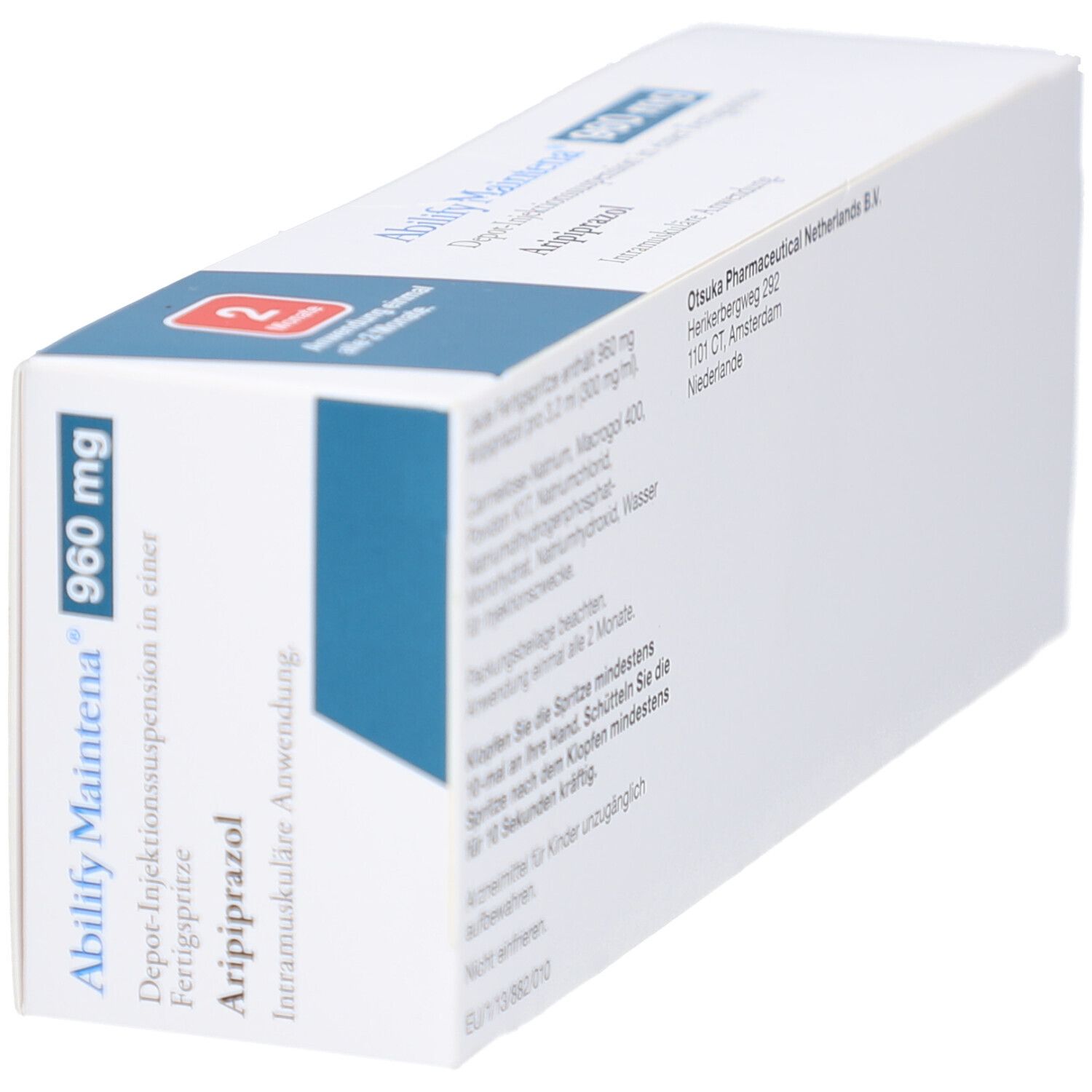 Weiße Schachtel mit blauer Ecke. Aufschrift: ABILIFY Maintena 960 mg. Depot-Injektionssuspension. Aripiprazol. Otsuka.