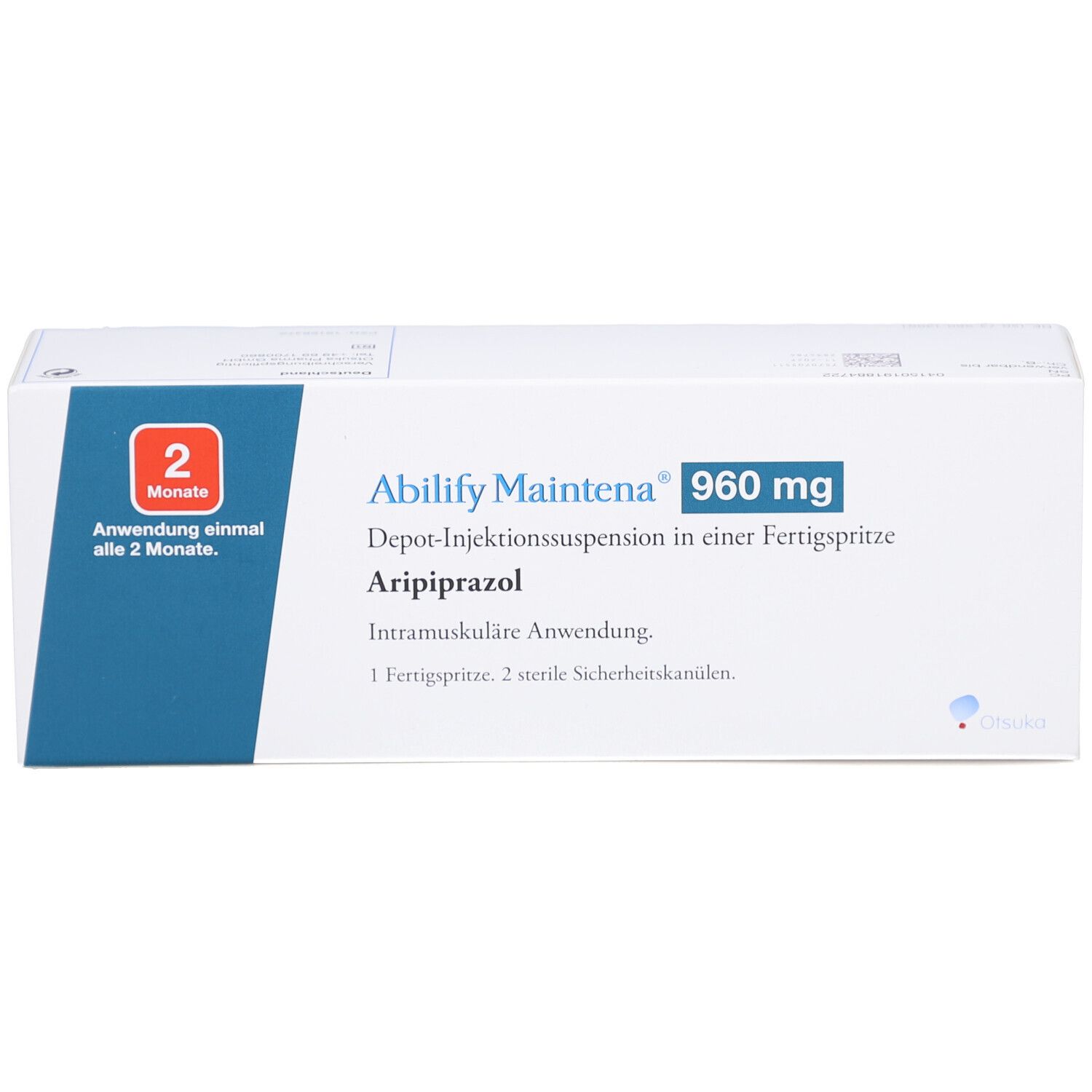 Weiße Schachtel mit blauer Ecke. Aufschrift: ABILIFY Maintena 960 mg. Depot-Injektionssuspension. Aripiprazol. 2 Monate.