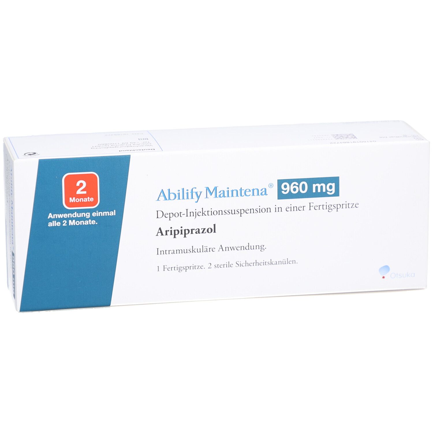 Weiße Schachtel mit blauer Ecke. Aufschrift: ABILIFY Maintena 960 mg. Depot-Injektionssuspension. Aripiprazol. 2 Monate.