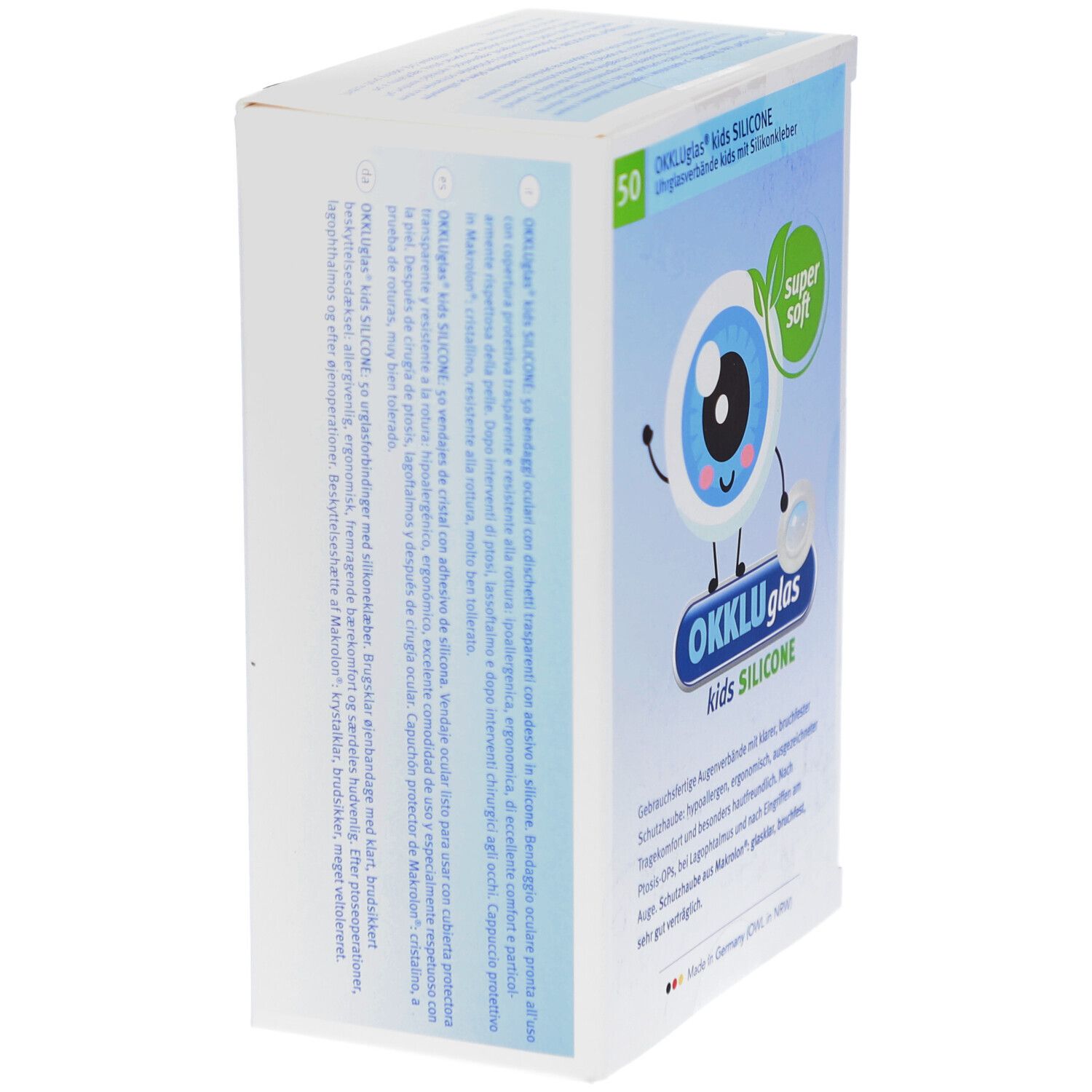 Schrägansicht der Verpackung von OKKLUglas kids SILICONE. Aufdruck: 50 Stück. Logo und Produktname. Text in mehreren Sprachen.