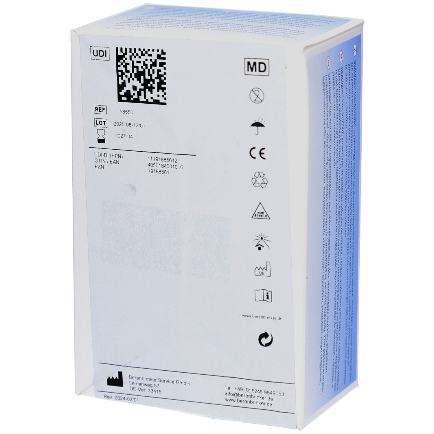 Rückseite der Verpackung von OKKLUglas kids SILICONE. Enthält Informationen wie REF, LOT, UDI-Code und CE-Kennzeichnung.