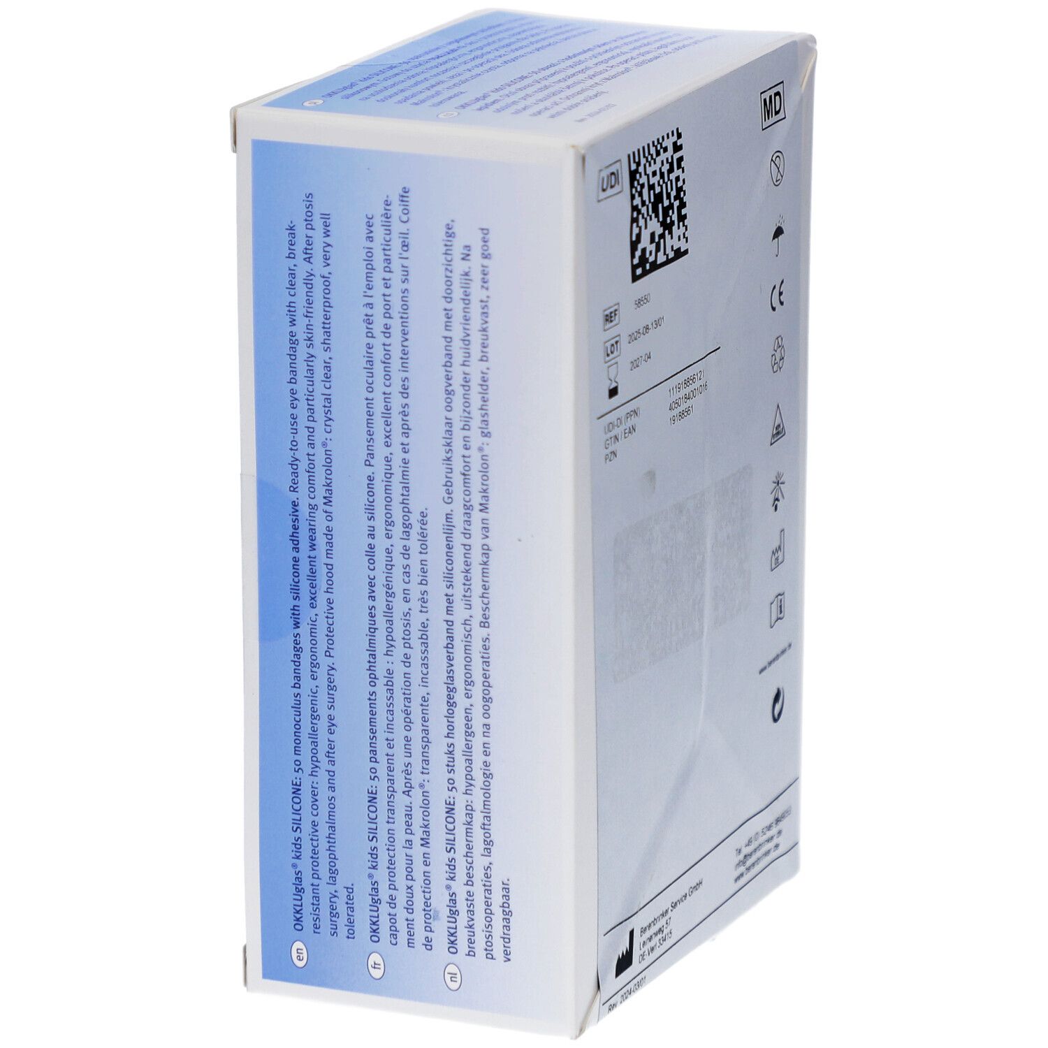 Schrägansicht der Verpackung von OKKLUglas kids SILICONE. Text in mehreren Sprachen. Enthält Informationen über das Produkt.