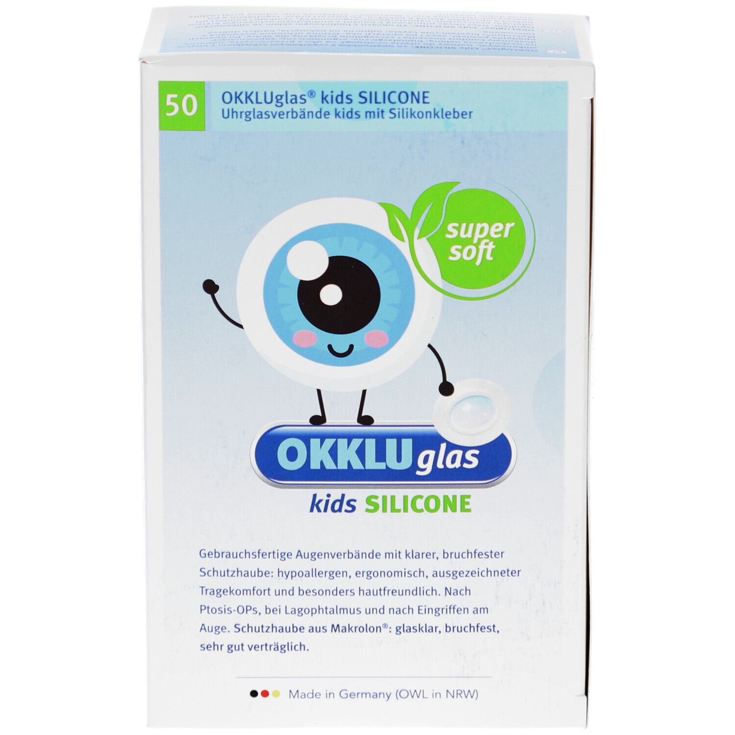 Vorderseite der Verpackung von OKKLUglas kids SILICONE. Enthält Logo, Produktname und Aufdruck: 50. Super Soft.