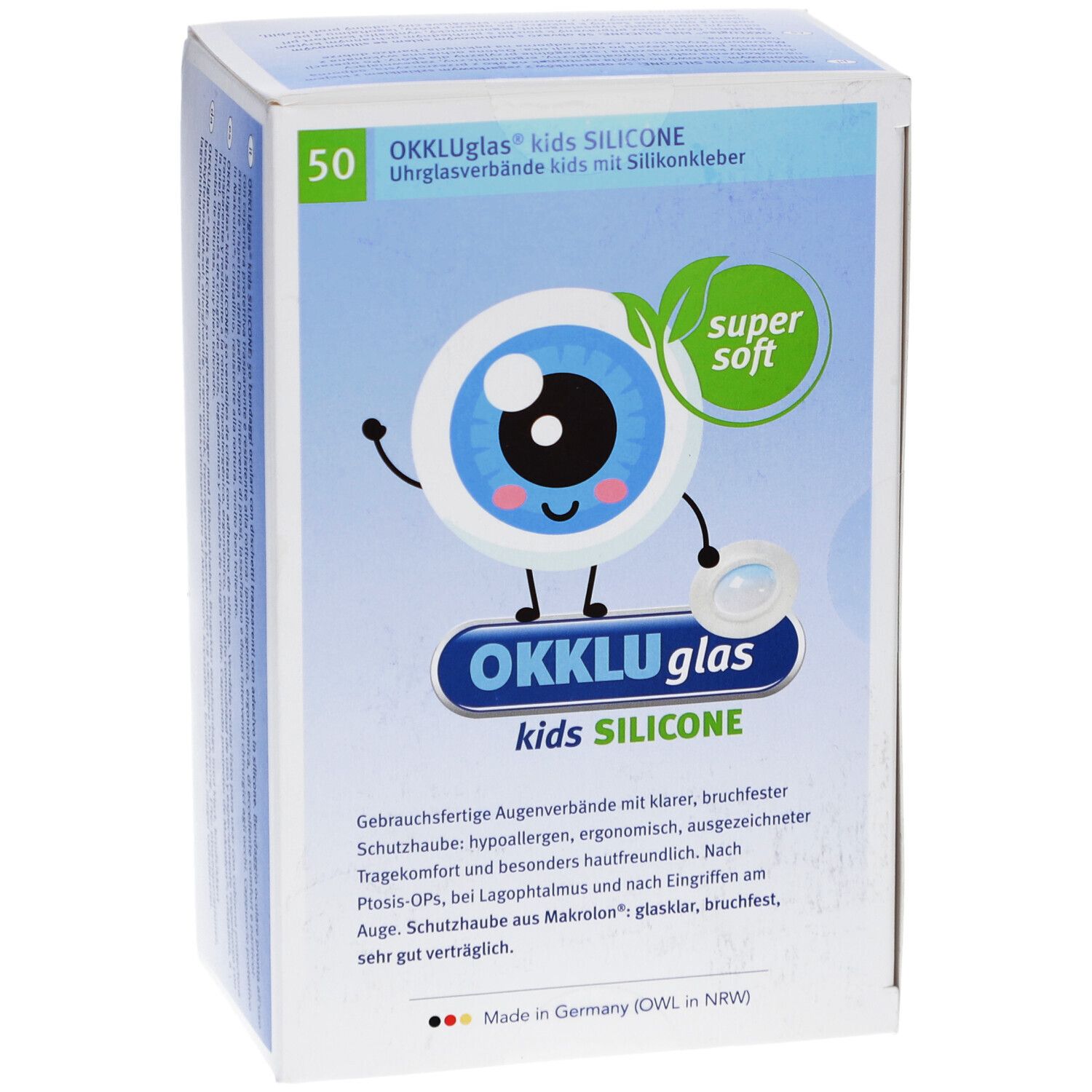 Vorderseite der Verpackung von OKKLUglas kids SILICONE. Enthält Logo, Produktname und Aufdruck: 50. Super Soft.