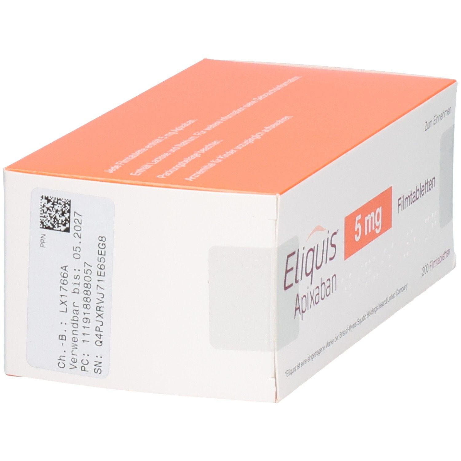 Eliquis Apixaban 5 mg Filmtabletten Schachtel mit Chargennummer und Verfallsdatum.