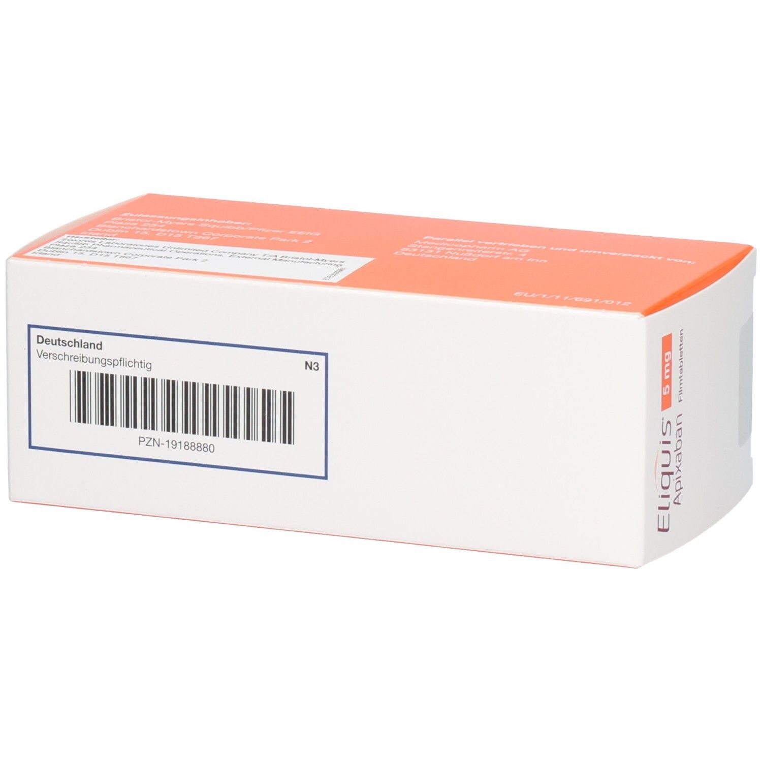Eliquis Apixaban 5 mg Filmtabletten Schachtel mit PZN und Barcode für Deutschland.