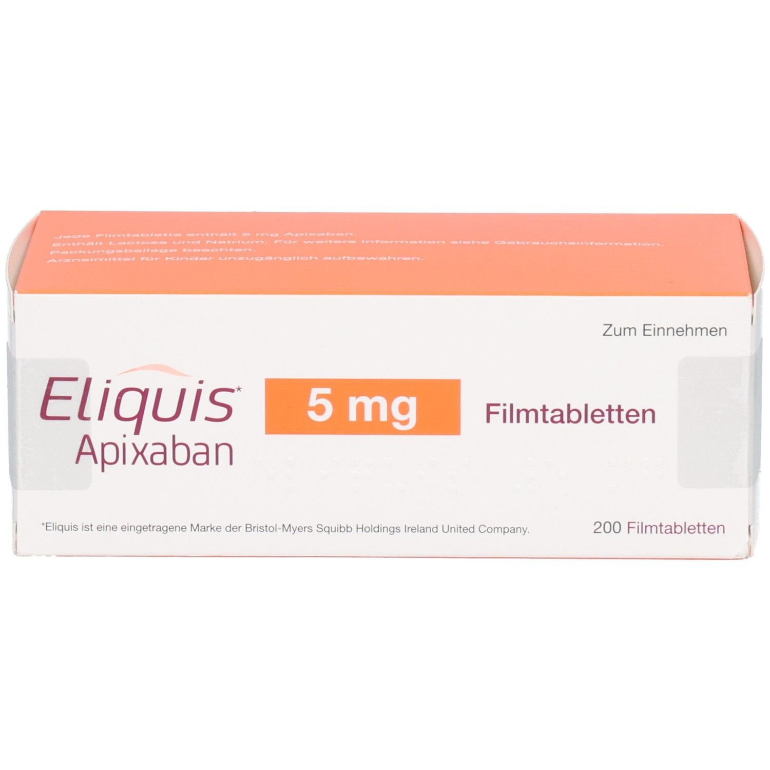 Eliquis Apixaban 5 mg Filmtabletten Schachtel, Vorderseite mit Dosierungsangabe.